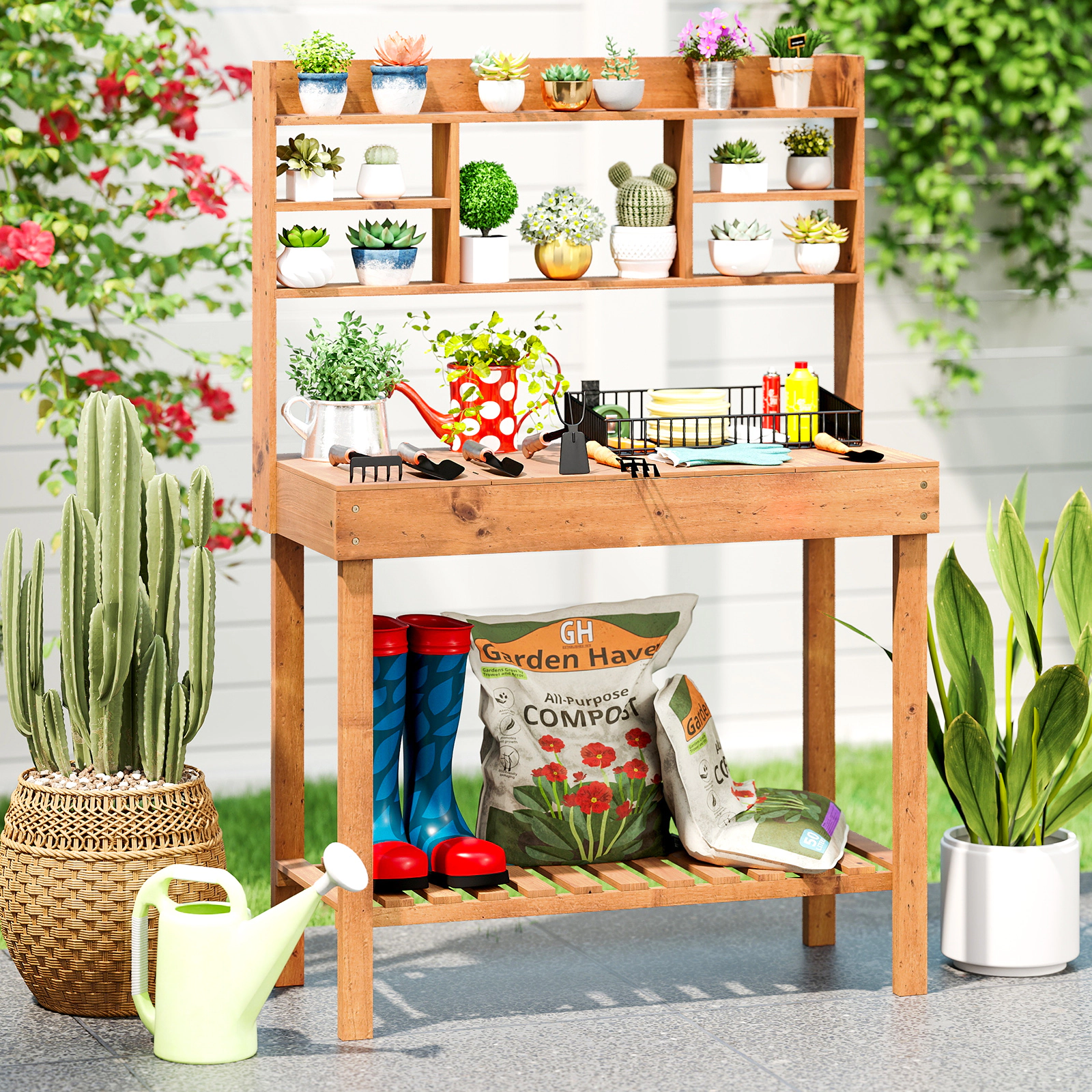 LJG Wooden Potting Bench Table Garden Planting Workstation with 3-Tier Open Shelf