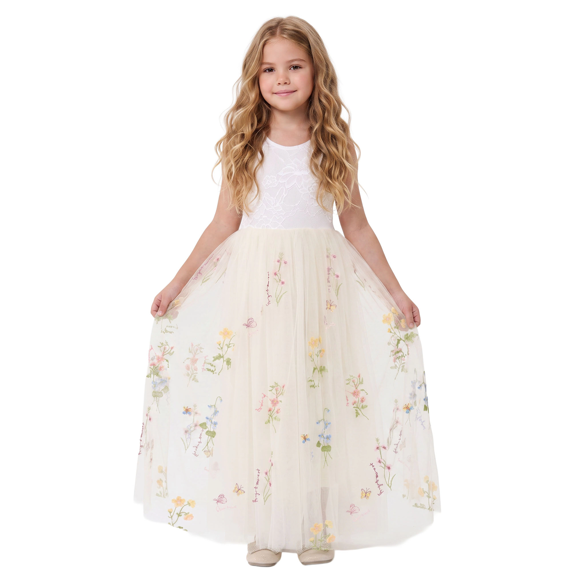 2Bunnies Girls' 3T-9Y Floral Embroidered Tulle Lace Sleeveless Maxi Flower Girl Dress