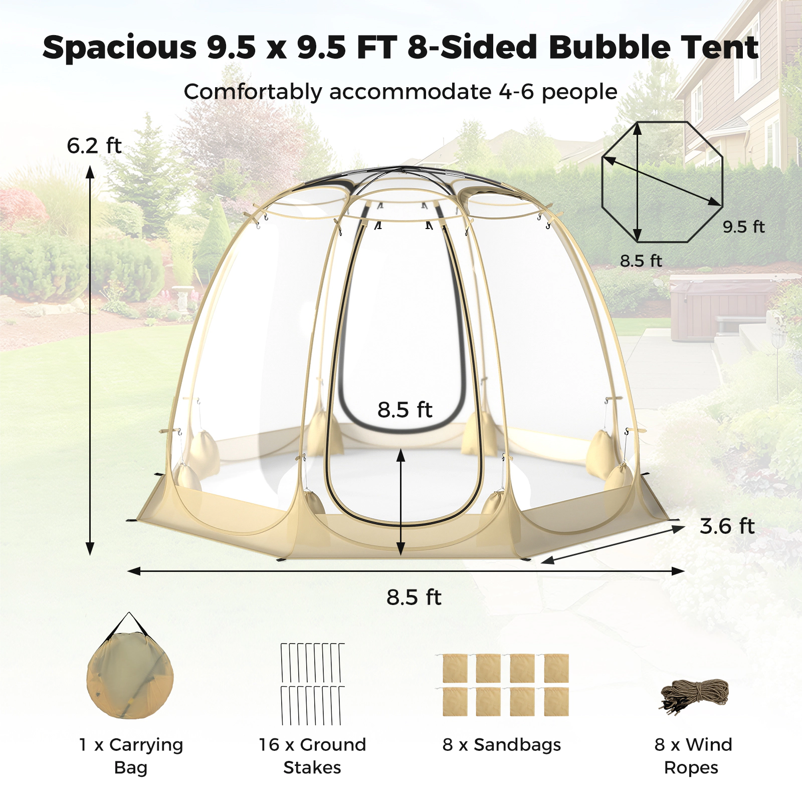 SUGIFT Beige 9.5-ft Transparent PVC Pop-Up Bubble Tent Igloo Screen House with Clear Skylight and Carry Bag