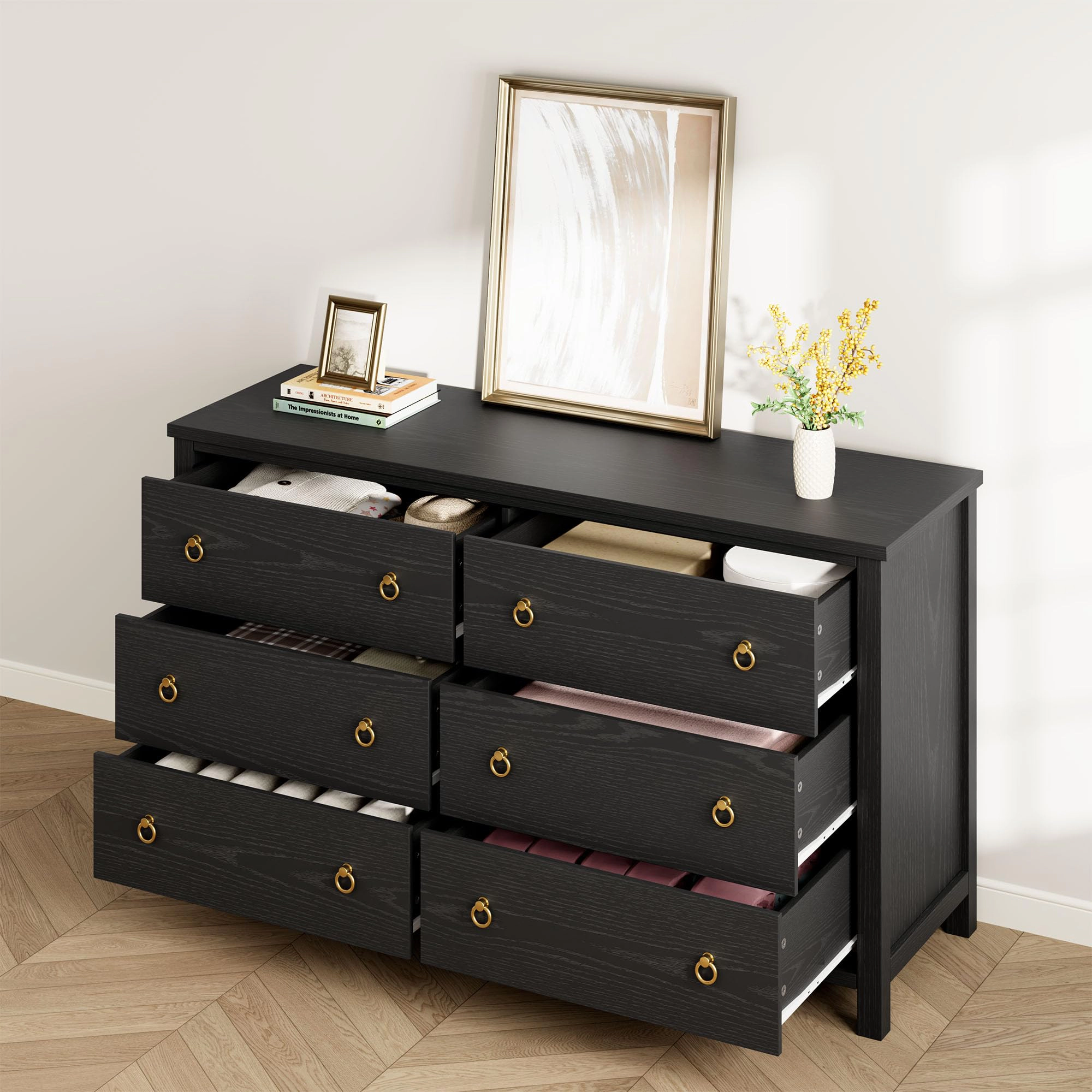 6 Drawer Modern Dresser, 47" Wide Wooden Storage Chest & TV Stand for Bedroom Living Room Hallway