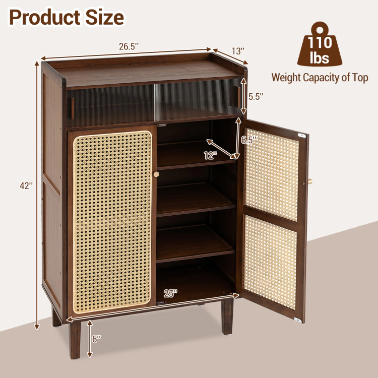 Hivvago 5-Tier Bamboo Shoe Cabinet with Woven Rattan Doors and Sliding Doors for Entryway