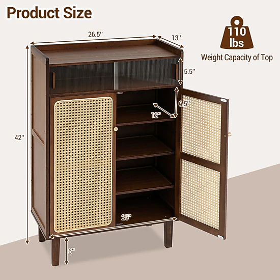 Hivvago 5-Tier Bamboo Shoe Cabinet With Woven Rattan And Sliding Doors