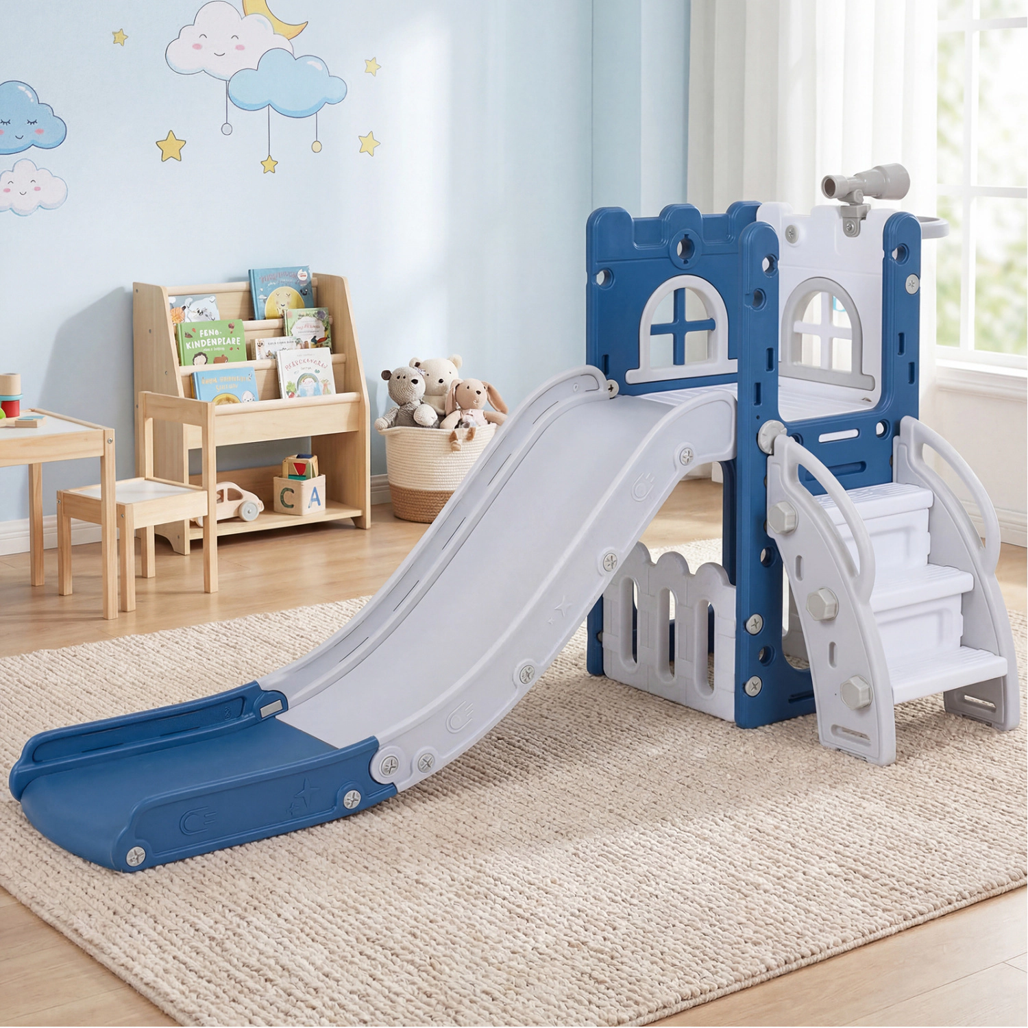 LJG 6-in-1 Toddler Slide L-Shaped Playground with Basketball Hoop and Ladder