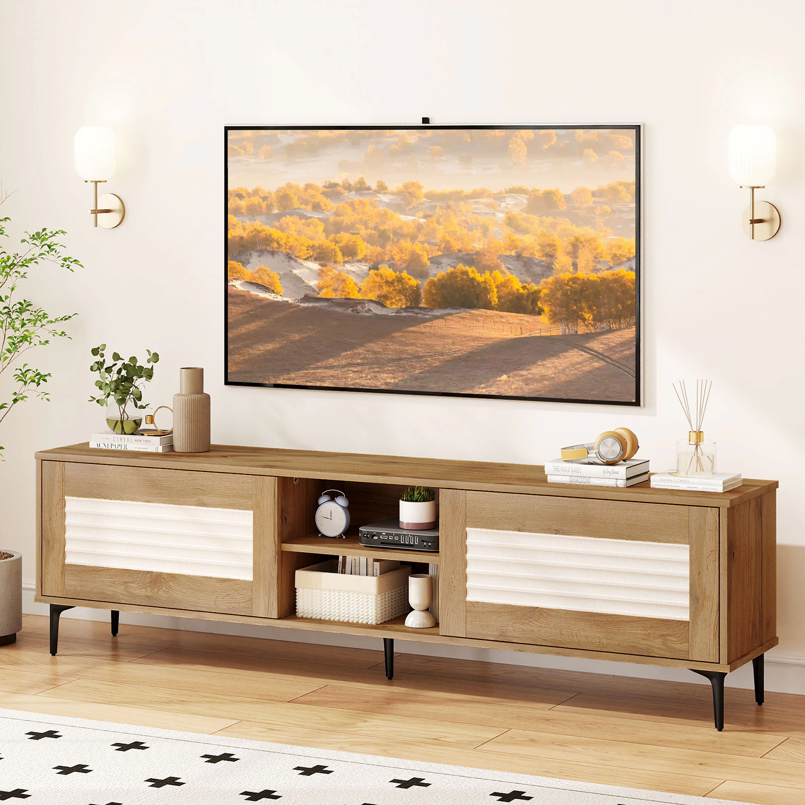 SUGIFT Waveform Fluted TV Stand for TVs up to 70 Inches with Cabinets and Shelves 132-lb Tabletop Capacity Oak