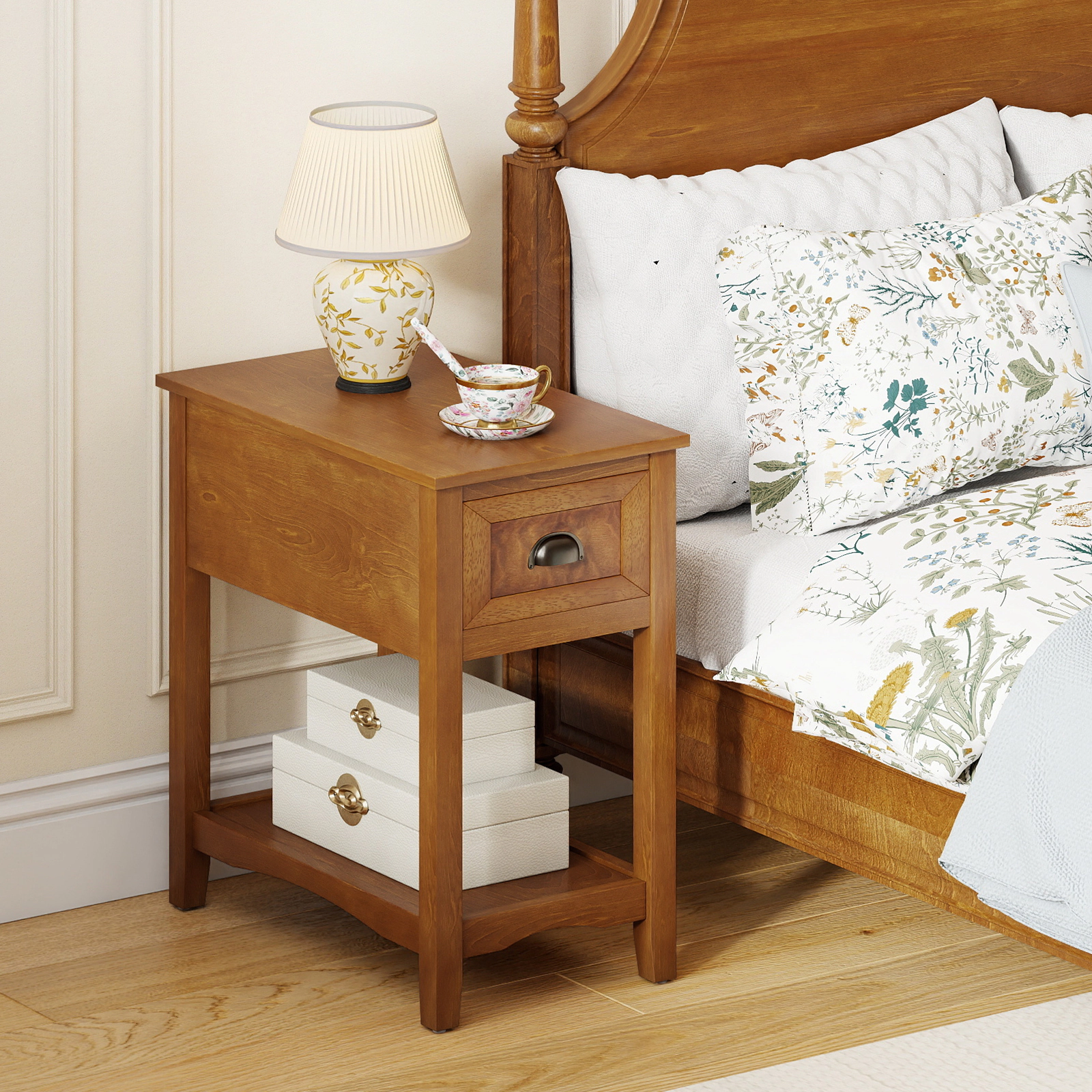 SUGIFT Compact Chairside End Table with Drawer and Shelf 50-lb Capacity 23-in Tall Accent Nightstand Yellow