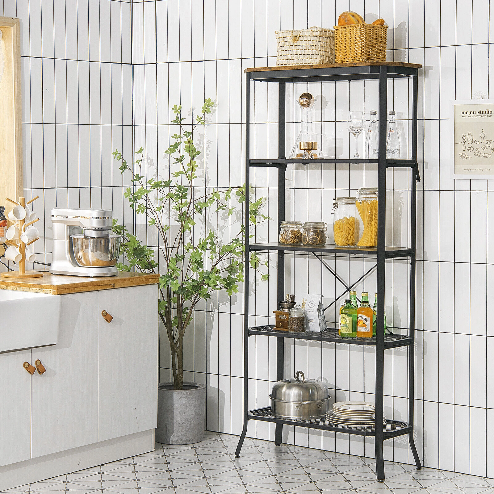 SUGIFT Rustic Brown Industrial 5-Layer Bookshelf 67.5 in with Out-Stretched Legs