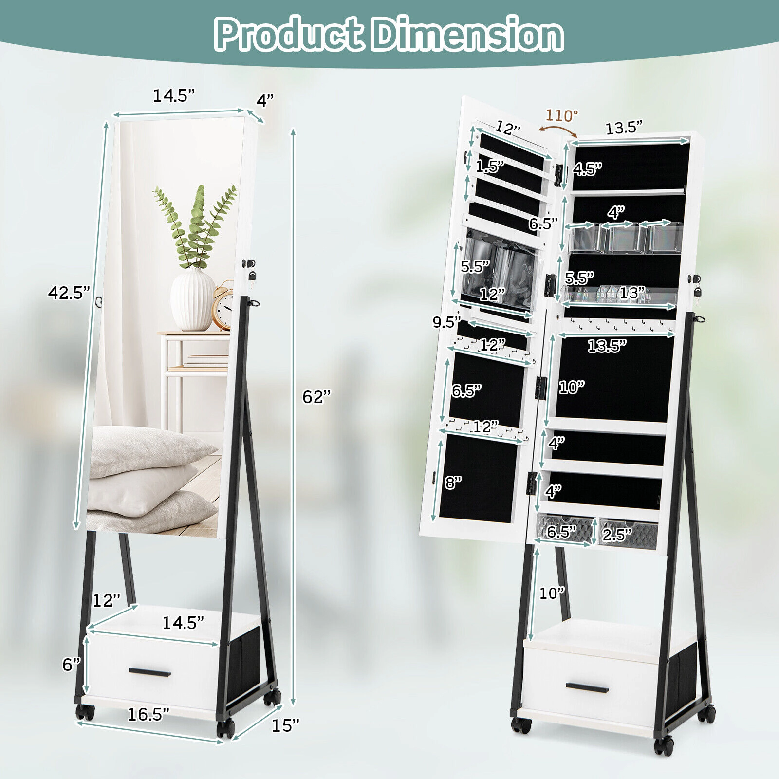 Slickblue 62 Inch Freestanding Jewelry Cabinet with Full-Length Mirror and Lockable Storage