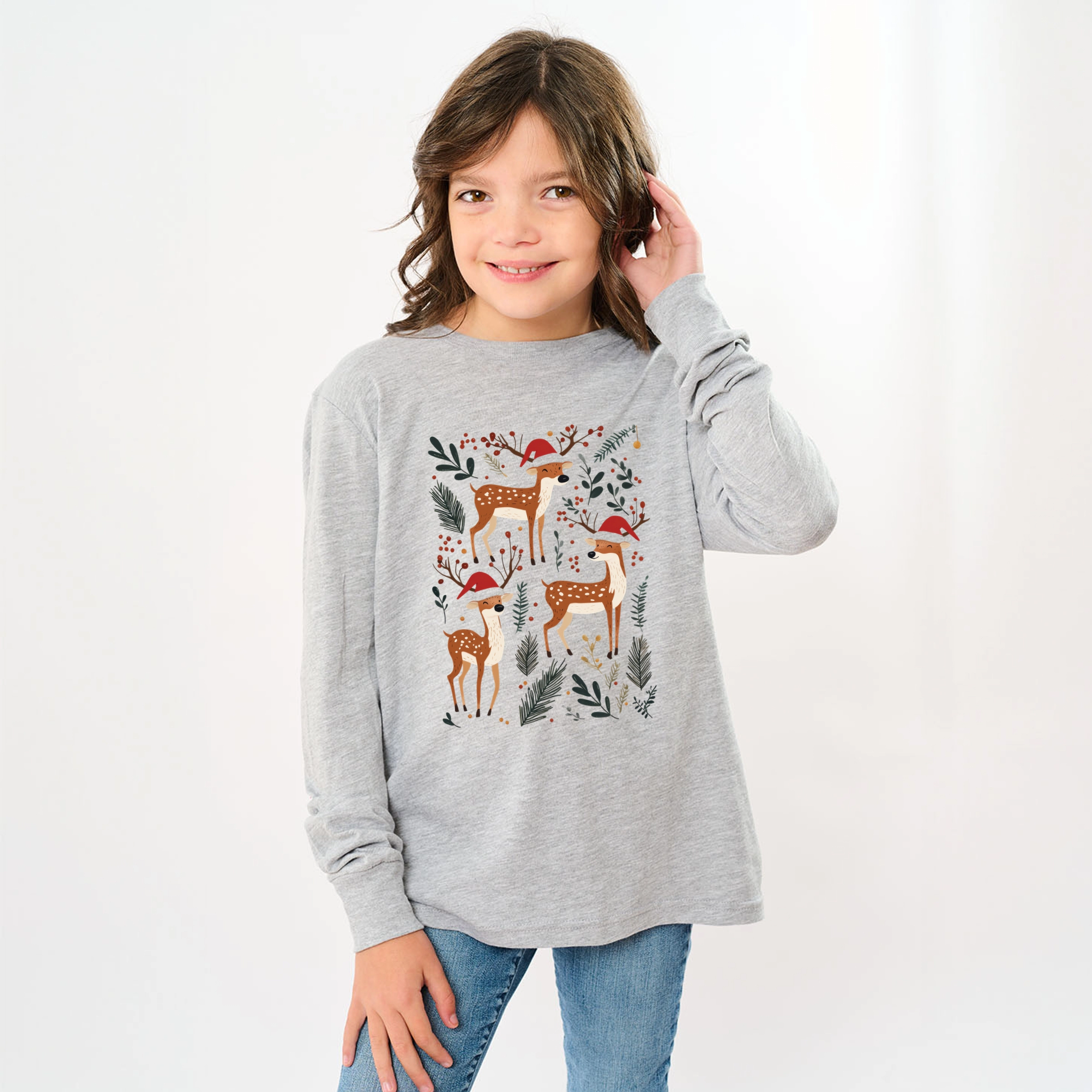 The Juniper Shop - Youth Long Sleeve Graphic T-Shirt Christmas Deer and Foliage