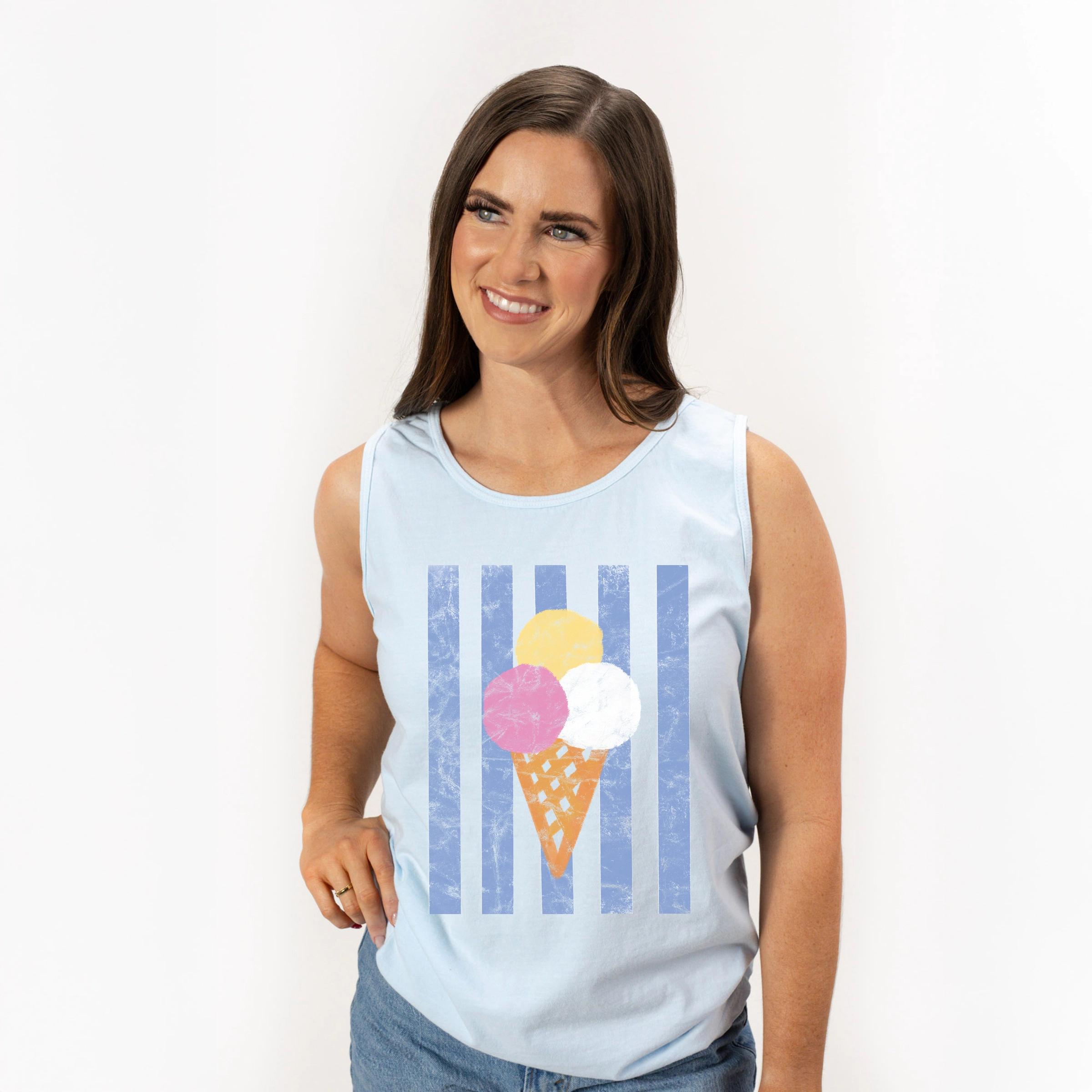 Simply Sage Market - Women's Garment Dyed Graphic Tank Top Ice Cream Cone Stripes