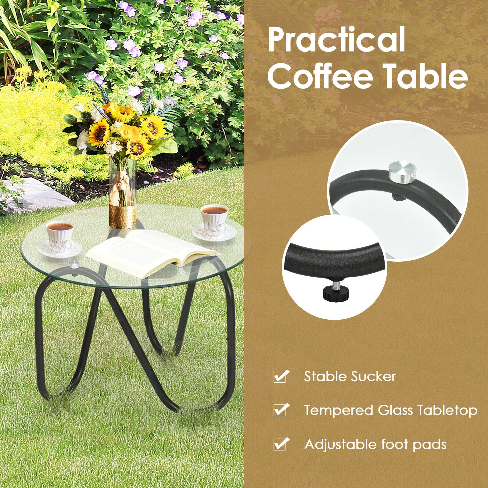 SUGIFT 3-Piece Patio Rattan Conversation Set with 2 Single Chairs & Glass Side Table 250-Lb Chair Capacity Brown & Black