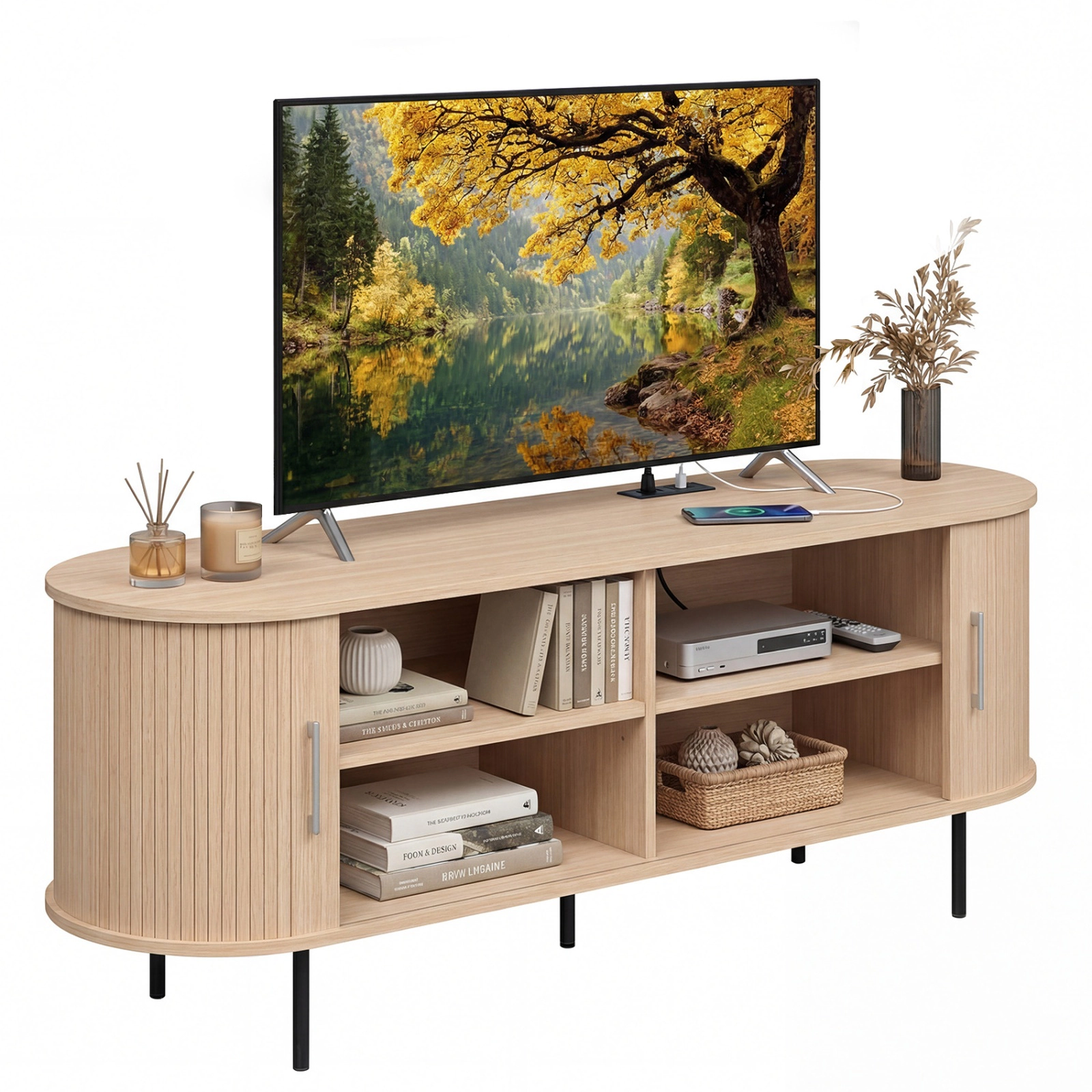 SUGIFT 60-Inch Curved Fluted TV Stand with Tambour Door, 2 AC Outlets, USB and Type-C Ports