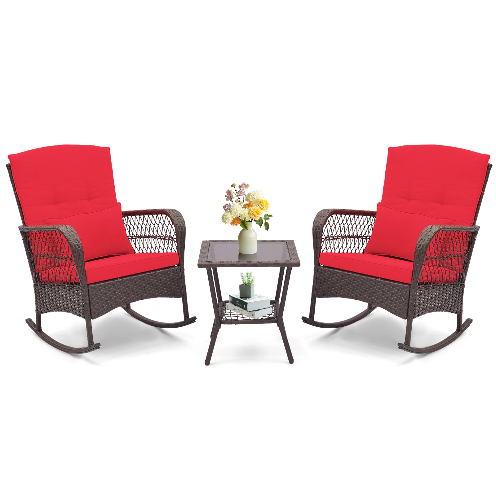 SUGIFT 3-Piece Rocking Bistro Conversation Set 2-Tier Coffee Table 440-lb Rocker Capacity Mix Brown Rattan Red Cushions