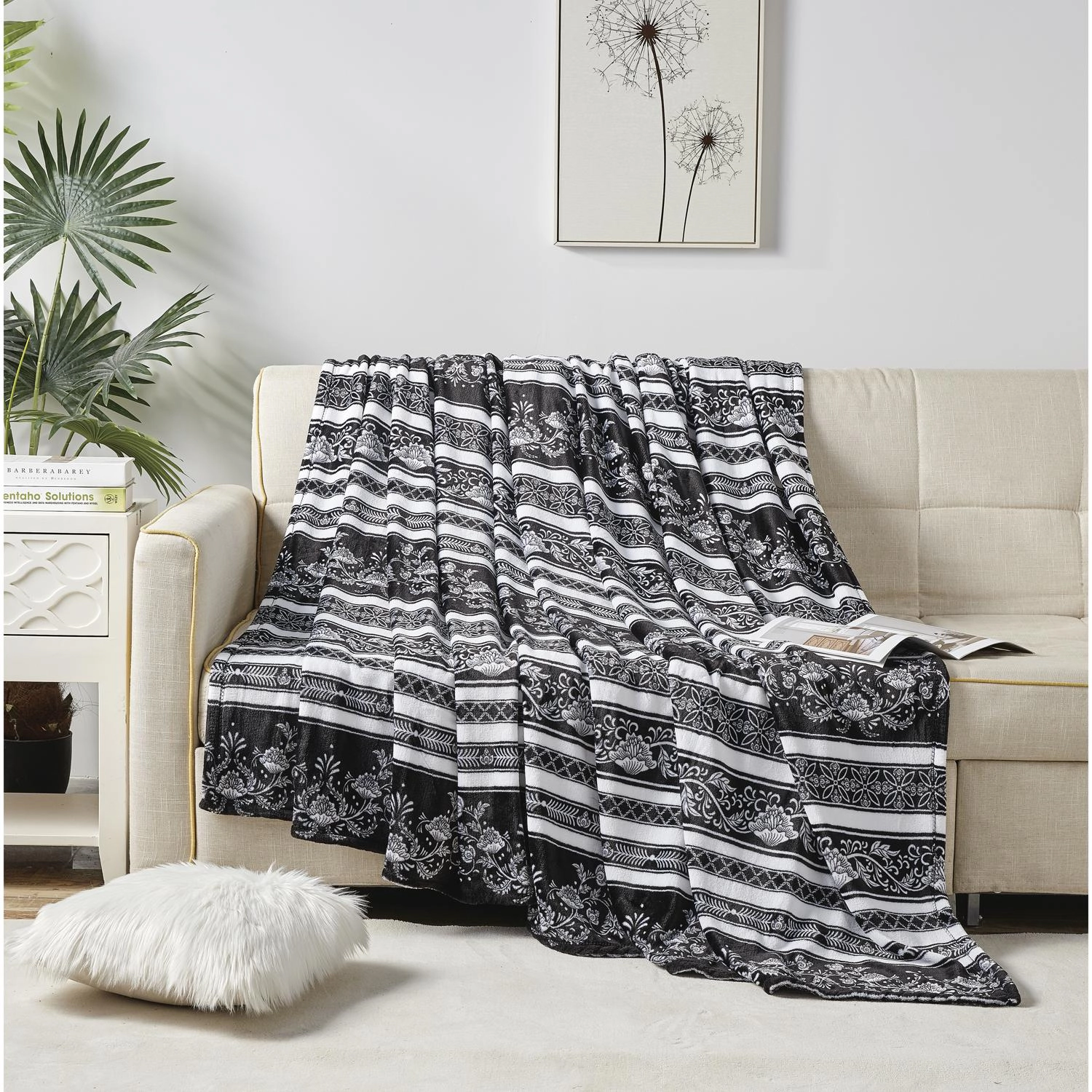 Plazatex Odelia Printed Luxurious Ultra Soft Lightweight Bed Blanket 90" x 90" Black & White