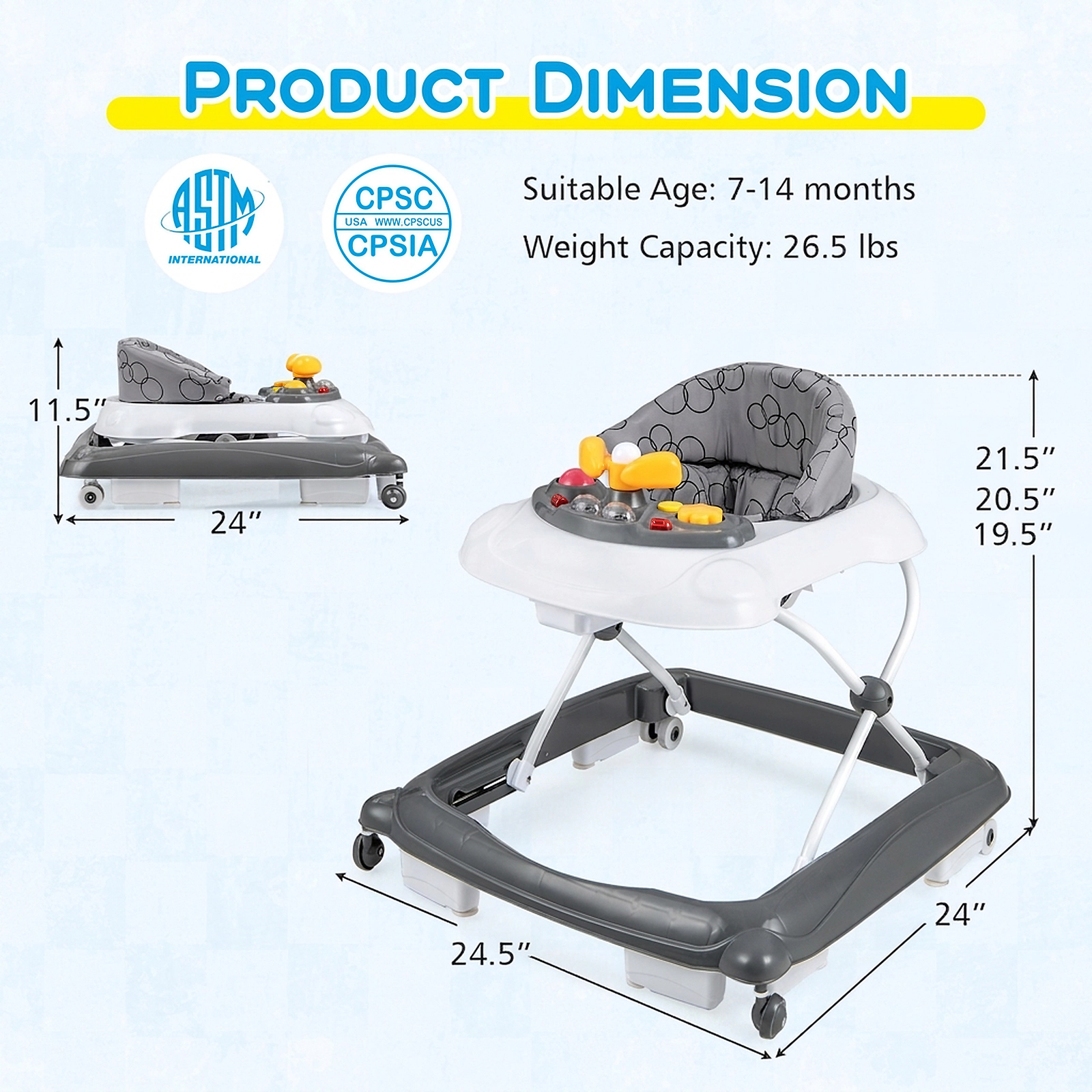 Lightweight Foldable Baby Walker with 3 Tool Free Height Settings Padded Washable Seat Lights and Music Toy Tray in Gray