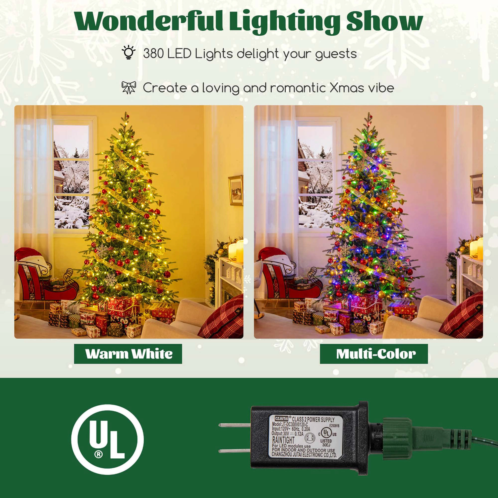 Costway 6/7.5/9 FT Artificial Christmas Tree with 714/1162/1770 Branch Tips 260/380/560 LED Lights 3 Timers Remote