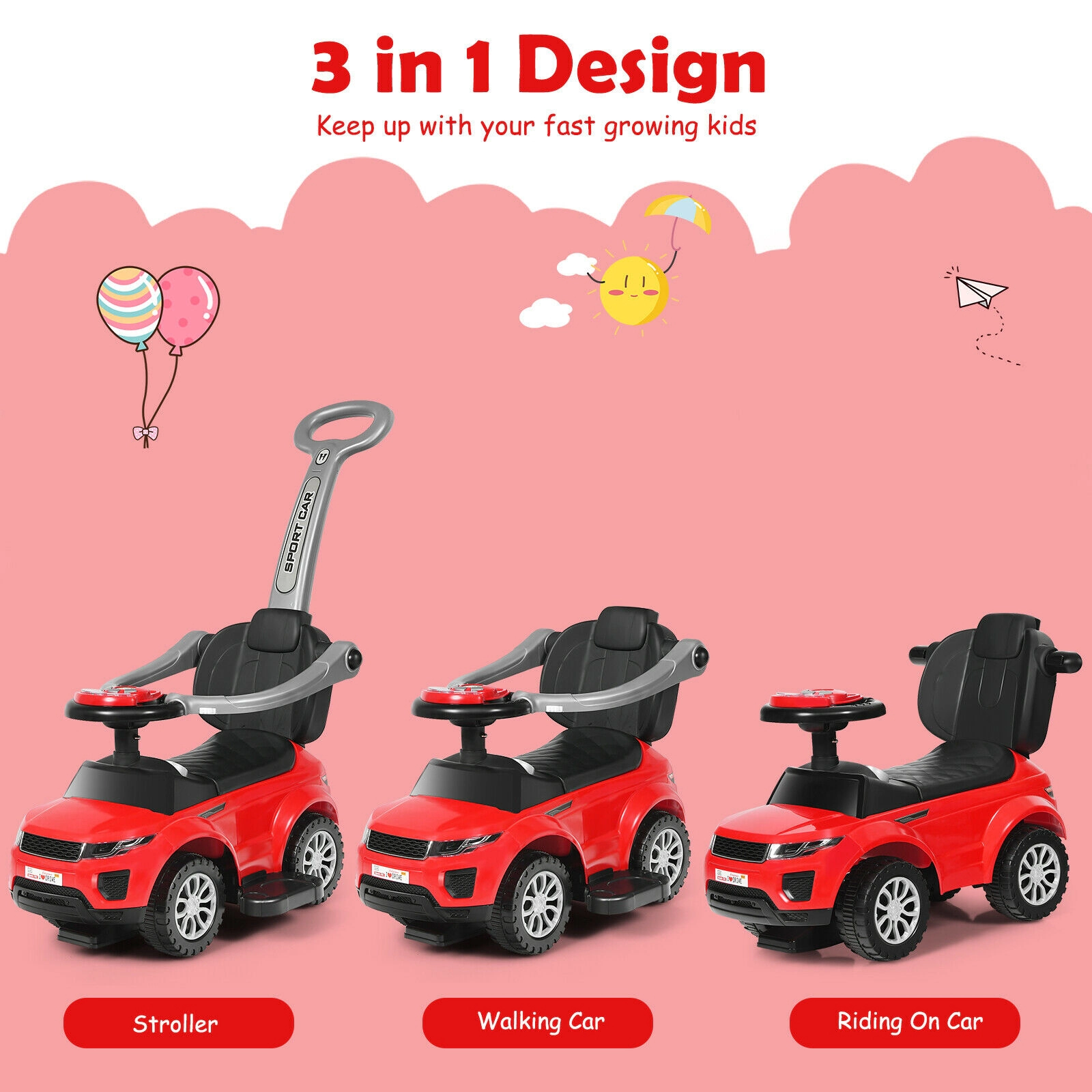 3-in-1 Toddler Push Car with Removable Handle Guardrails and Footrest for 12-36 Months Stroller Walking Sliding Ride On