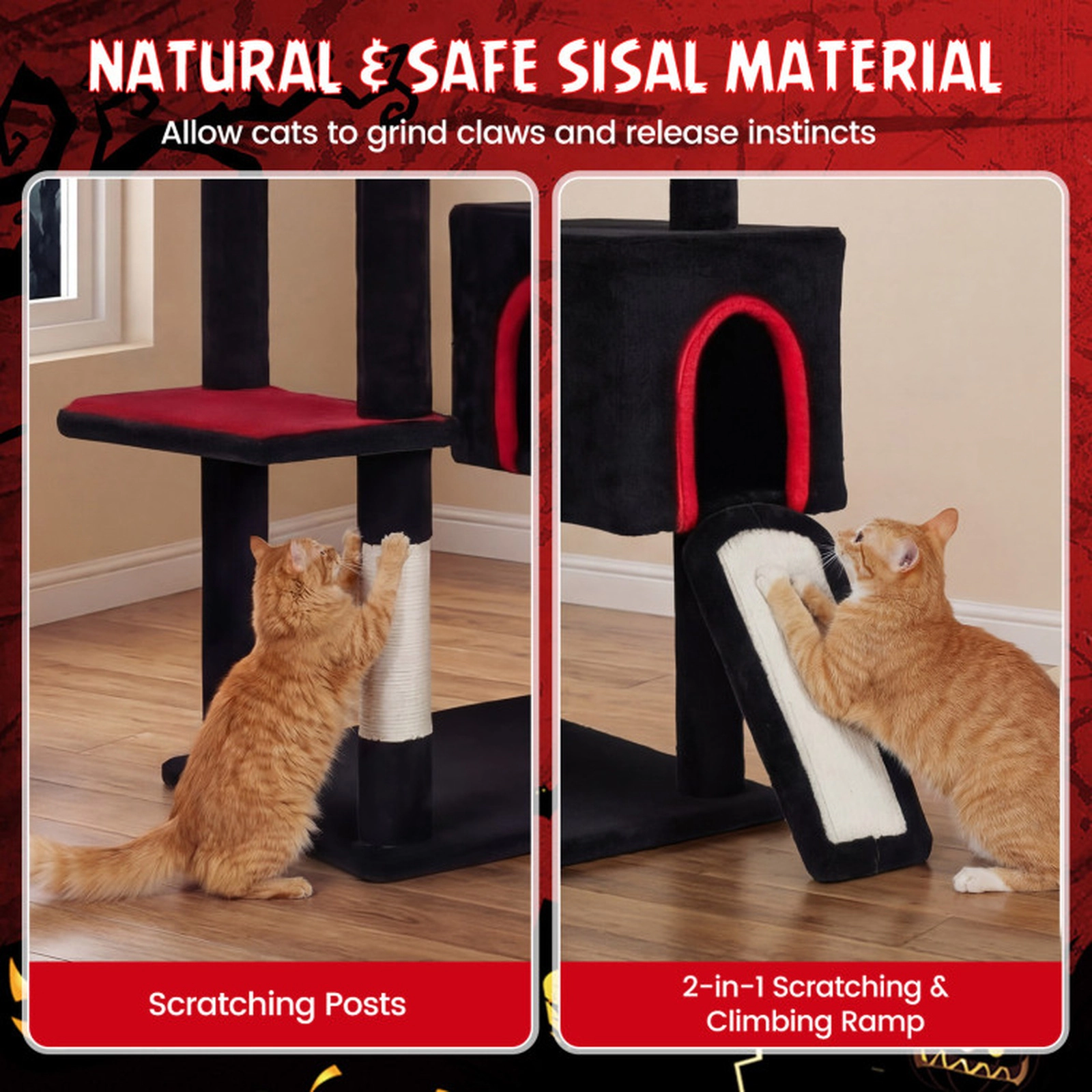 SUGIFT 75-in Gothic Cat Tree with 2 Condos Rotating Basket 2-in-1 Ramp and Padded Top Perch for Large Cats