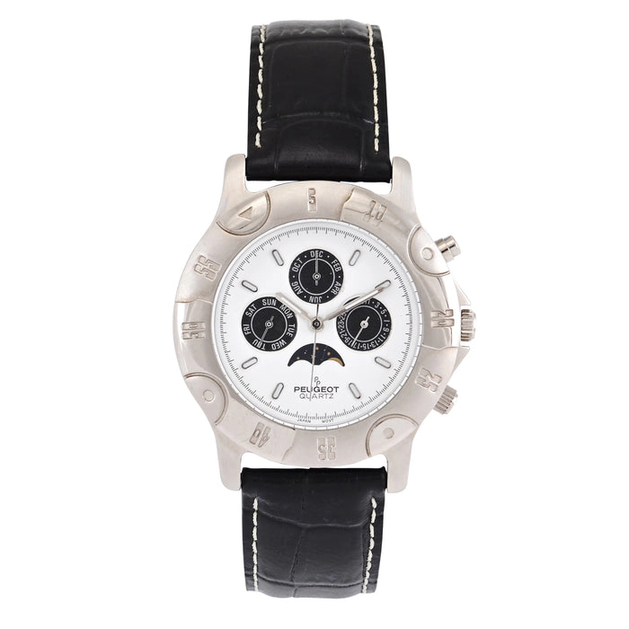 Peugeot Mens Round 40mm Multi-Function Moon Phase Watch with Leather Band