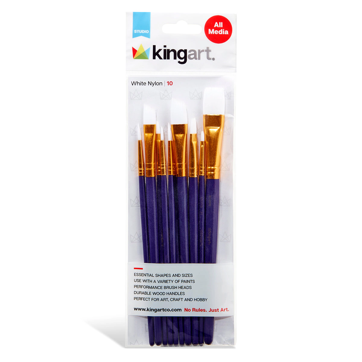 KINGART Studio White Nylon Brush Set - 10 pc Acrylic Watercolor Gouache Oil