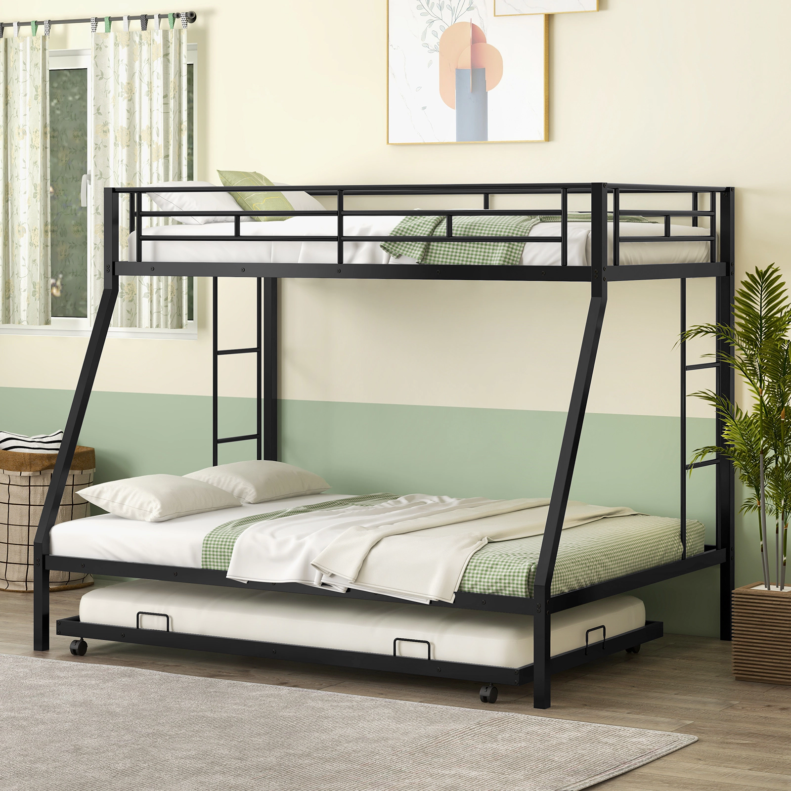 SUGIFT Black Roll-Out Trundle and Full-Length Guardrail Twin Over Full Kids Metal Bunk Bed