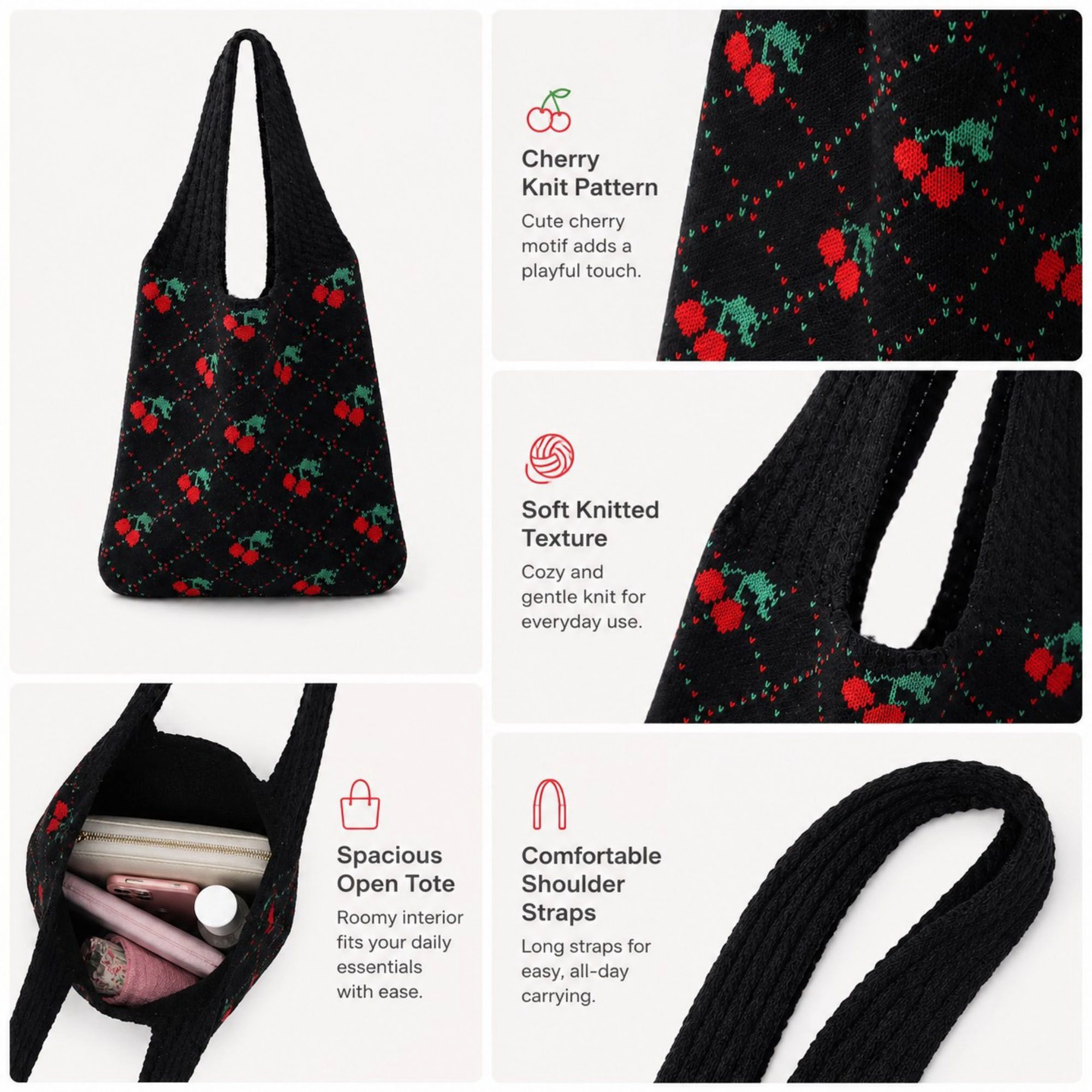Alilang Women's Cherry Knit Tote Bag Crochet Shoulder Purse Large Summer Beach Carryall
