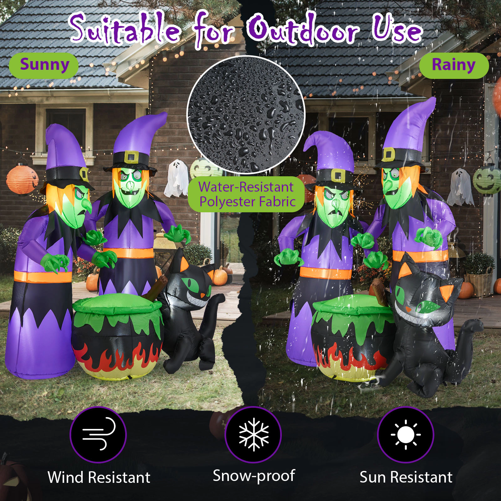 Glintex 6-Ft Inflatable Halloween Witches with Cauldron and Black Cat, Multicolor