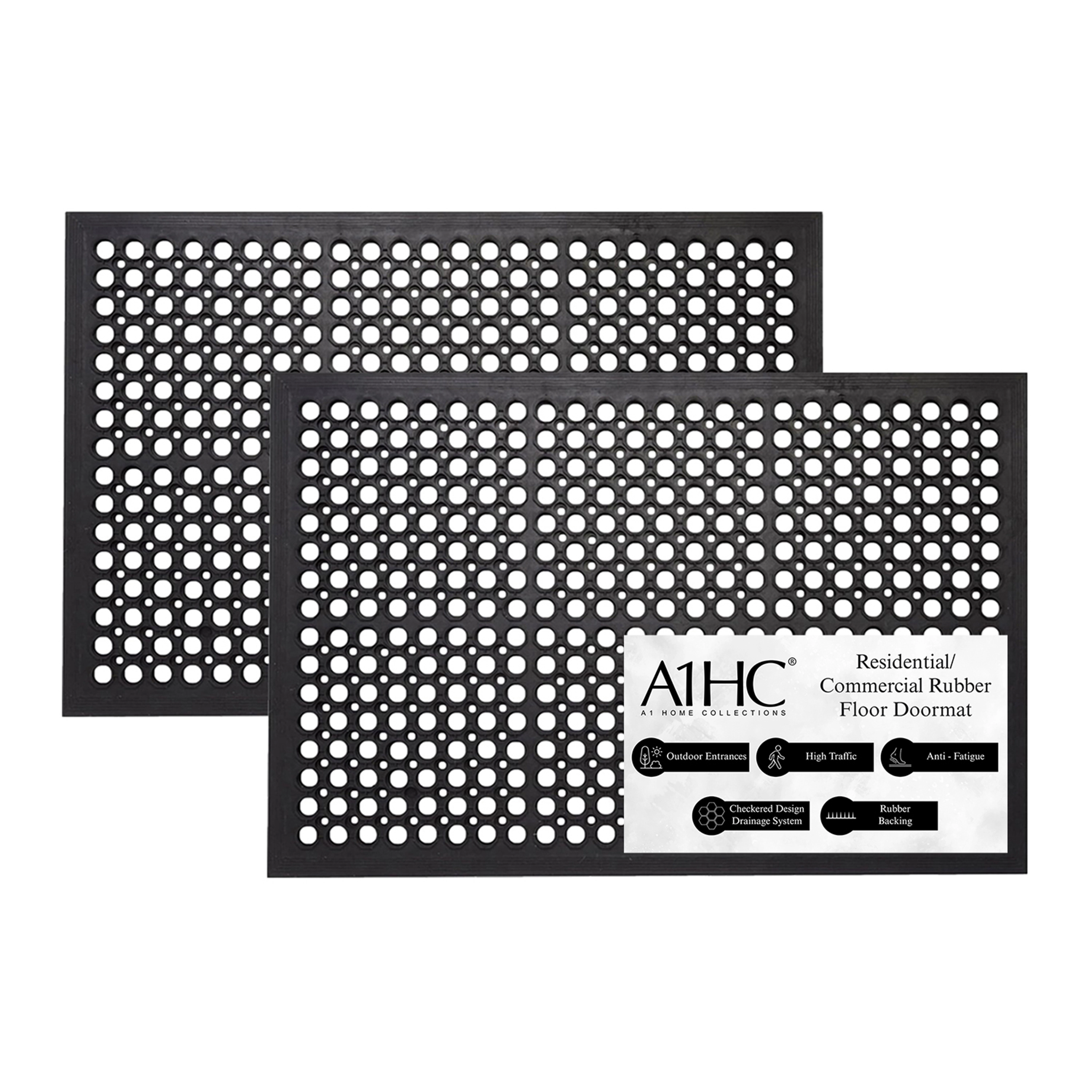 A1 Home Collections Heavy Duty Rubber Floor Mat 2-Pack, Anti-Fatigue Non-Slip Drainage Mat, 32 x 47 Inch