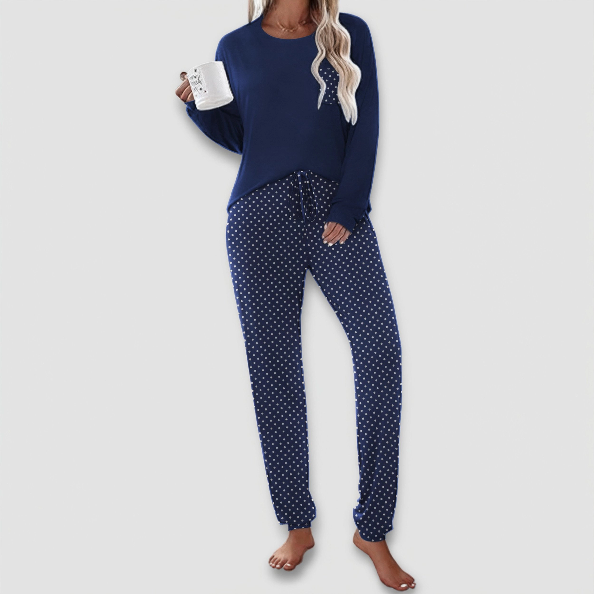 Ekouaer Women's Long Sleeve Crew Neck Pajama Set Polka Dot Pants