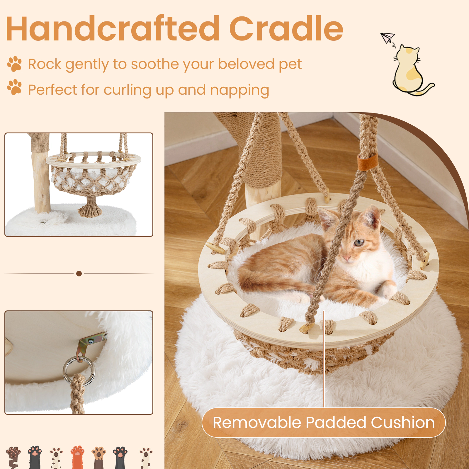 SUGIFT 48.5-in Solid Wood Cat Tree with Hanging Cradle Bed 23.5-in Top Perch Jute Post and 44-lb Layers
