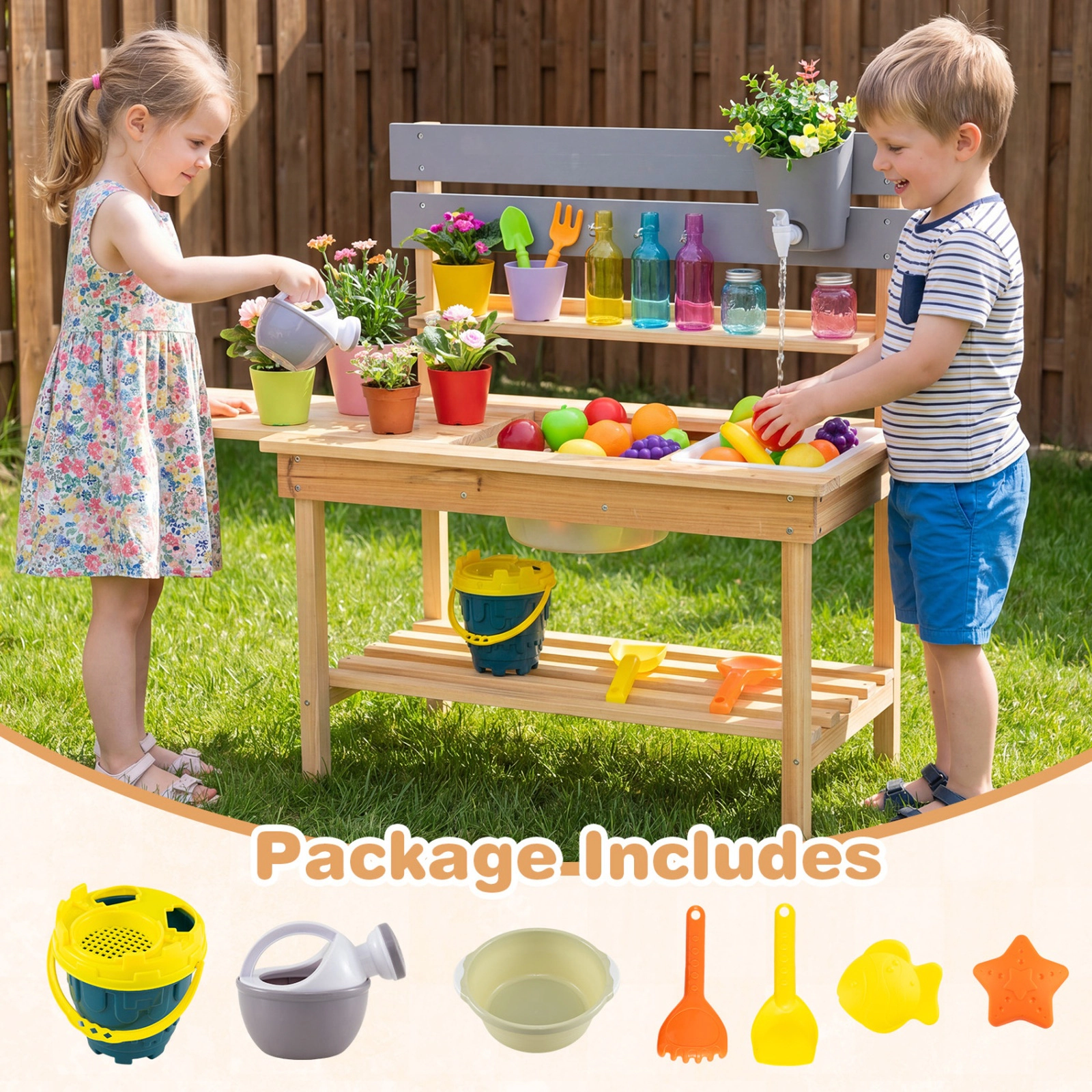 SUGIFT Outdoor Kids Mud Kitchen with Pull-Out Tabletop Water Basin and Storage Shelves Ages 3+ 31.5-in Tall Natural