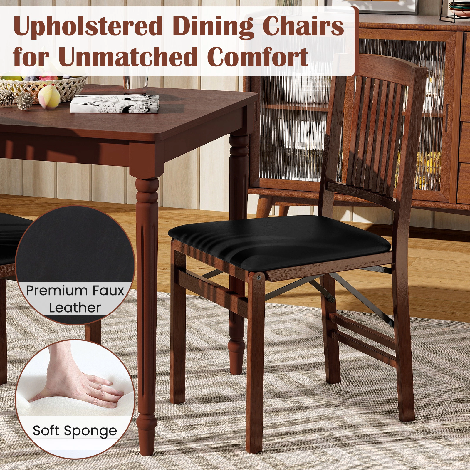 SUGIFT Set of 2 Foldable Upholstered Kitchen Chairs with Padded PVC Seat 420-Lb Capacity Brown + Black