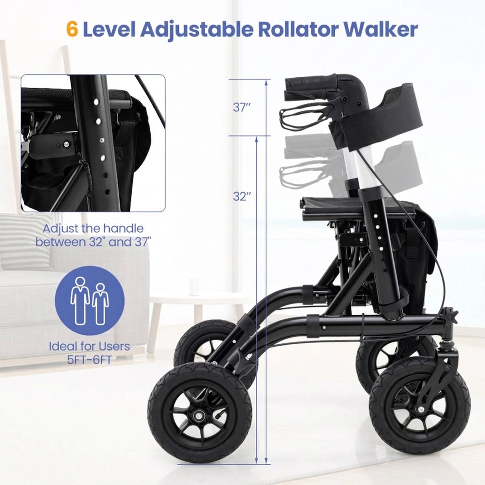 SUGIFT Black Folding Rollator Walker with 9.5-in Pneumatic Wheels 30-in W 25-in D 350-lb Seat Capacity