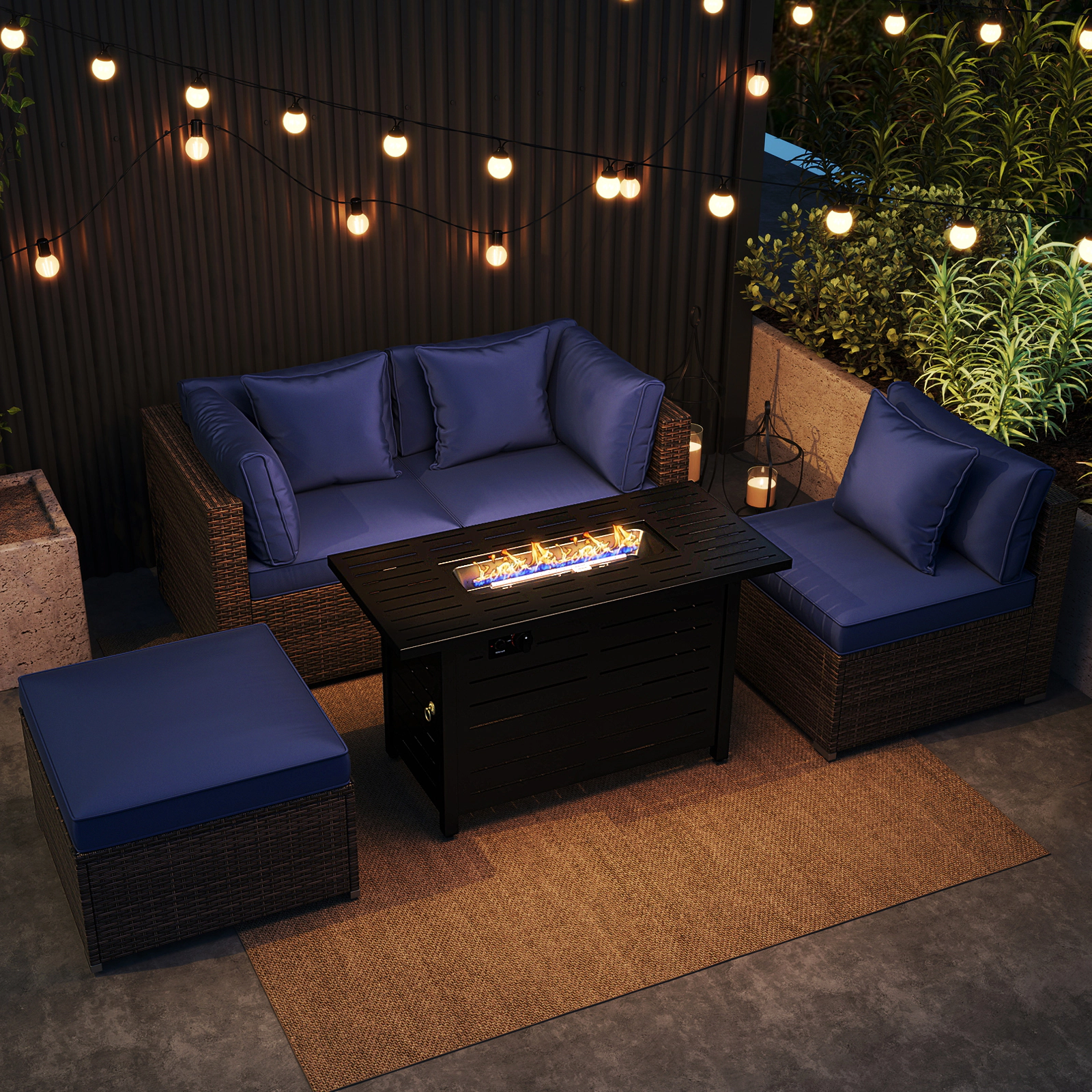 SUGIFT 5-Piece Navy Rattan Patio Sectional Set with 60,000-BTU Fire Pit Table