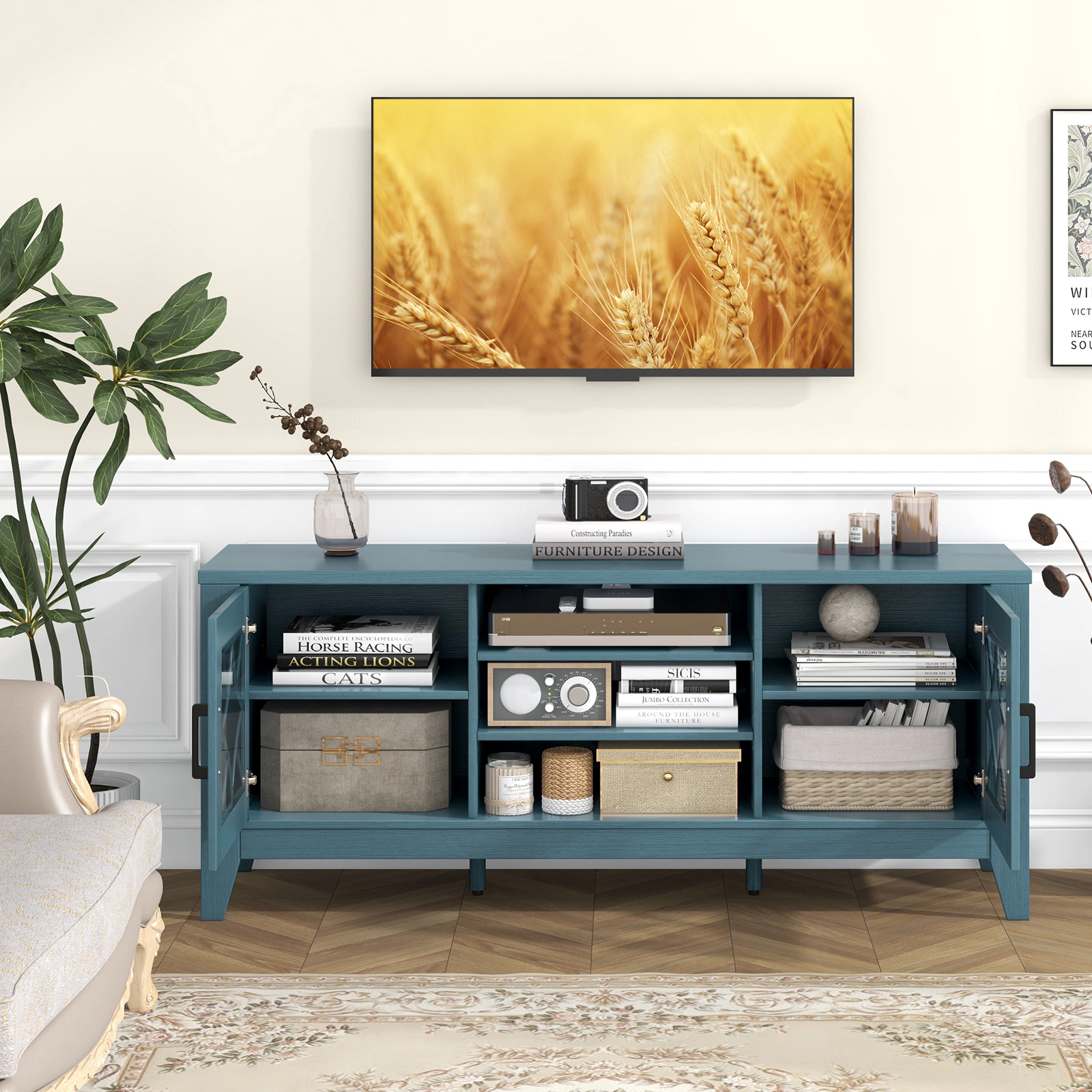 SUGIFT Farmhouse TV Stand for TVs Up to 65 Inches with Adjustable Shelves 200-lb Tabletop Capacity Teal Blue