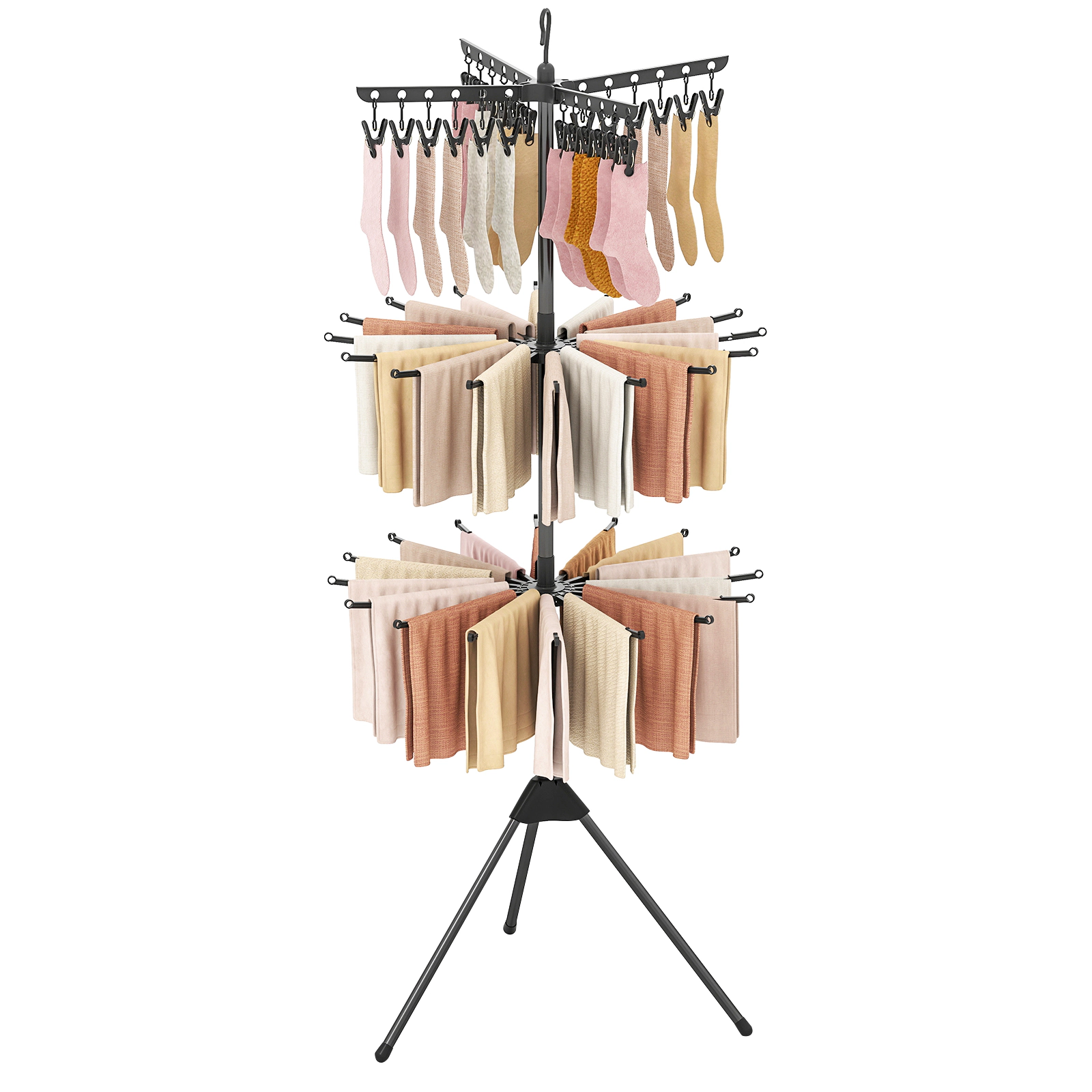 SUGIFT 3-Tier Tripod Freestanding Folding Clothes Drying Rack with 24 Clips 70-in Tall Black