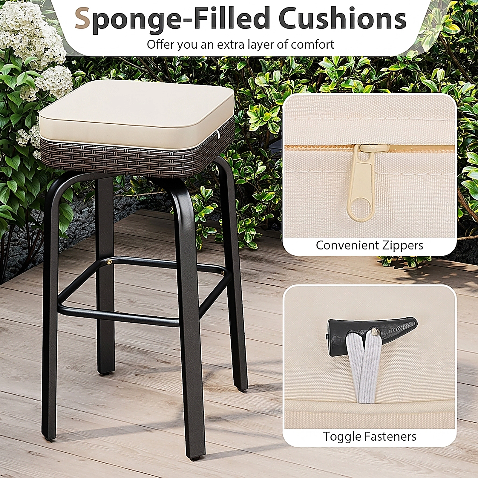 SUGIFT Outdoor Swivel Bar Set with Table and 400-lb Chairs Mix Brown Rattan with Off White Cushions