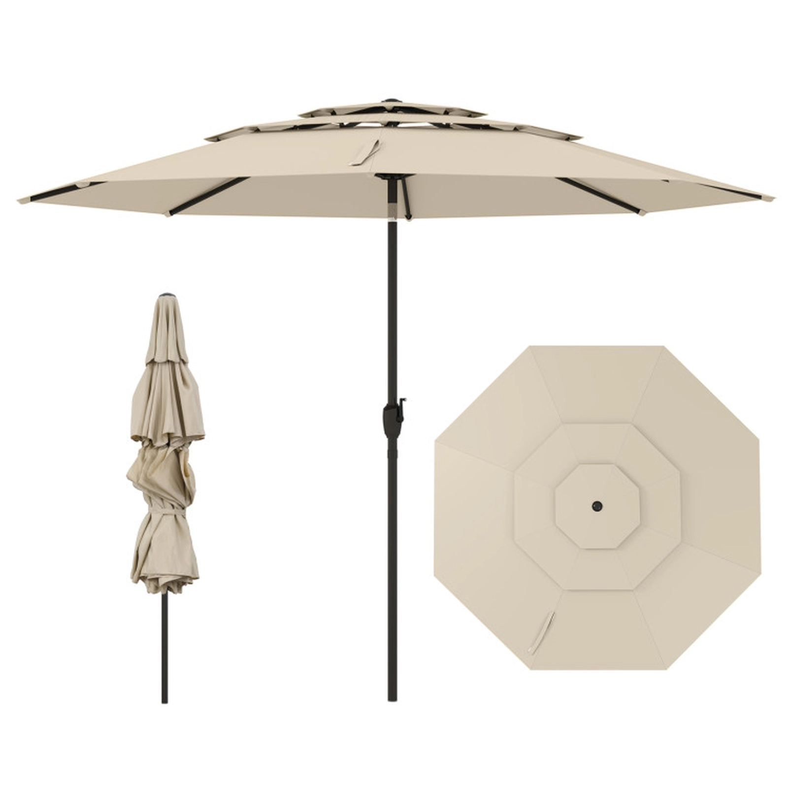 SUGIFT 10 ft Beige 3-Tier Vented Patio Umbrella with Crank Lift, Push-Button Tilt