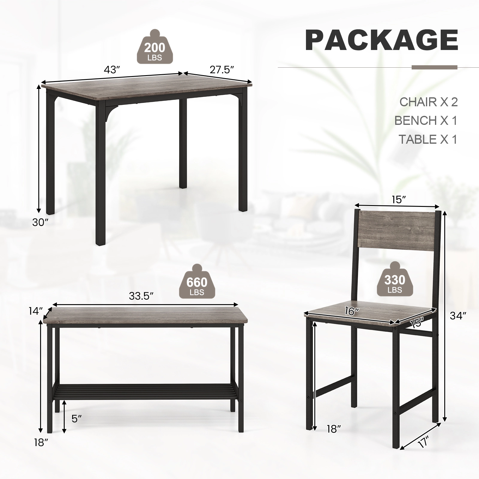 SUGIFT 4-Piece 43-Inch Dining Table Set, Rustic Brown, Bench, 2 Chairs, Storage Rack