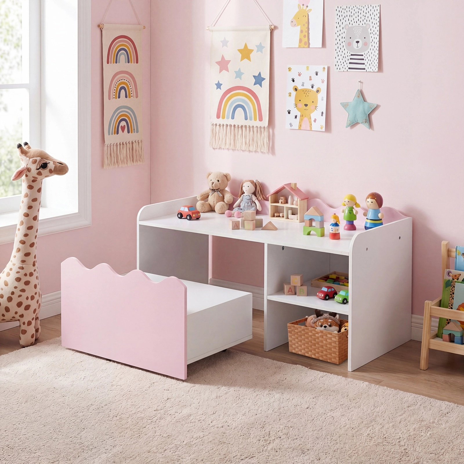 SUGIFT Scalloped Kids Bookshelf and Toy Storage Organizer with Movable Drawer 77-lb Top Capacity 3+ Years Pink + White