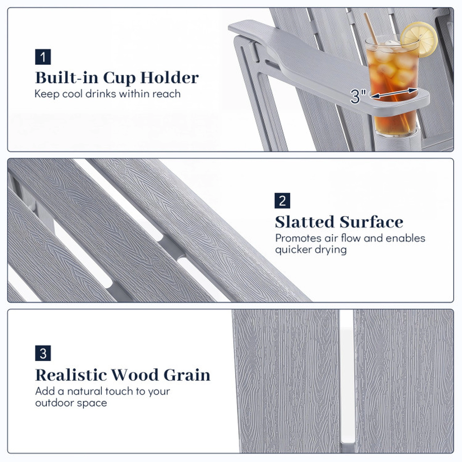 SUGIFT Gray Realistic Wood Grain and Cup Holder for Lawn HDPE Adirondack Chair