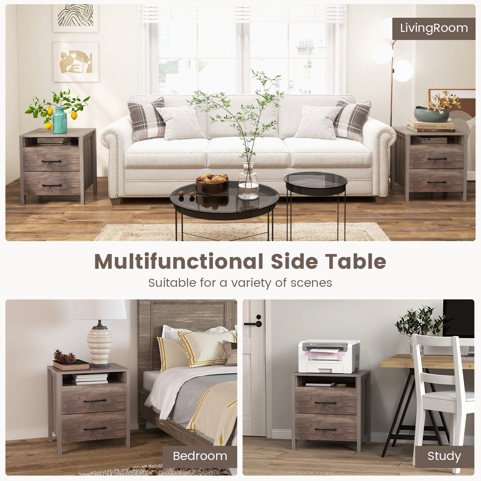 Glintex Farmhouse Nightstand with 2 Drawers and 17.5-Inch Open Storage Shelf, Gray