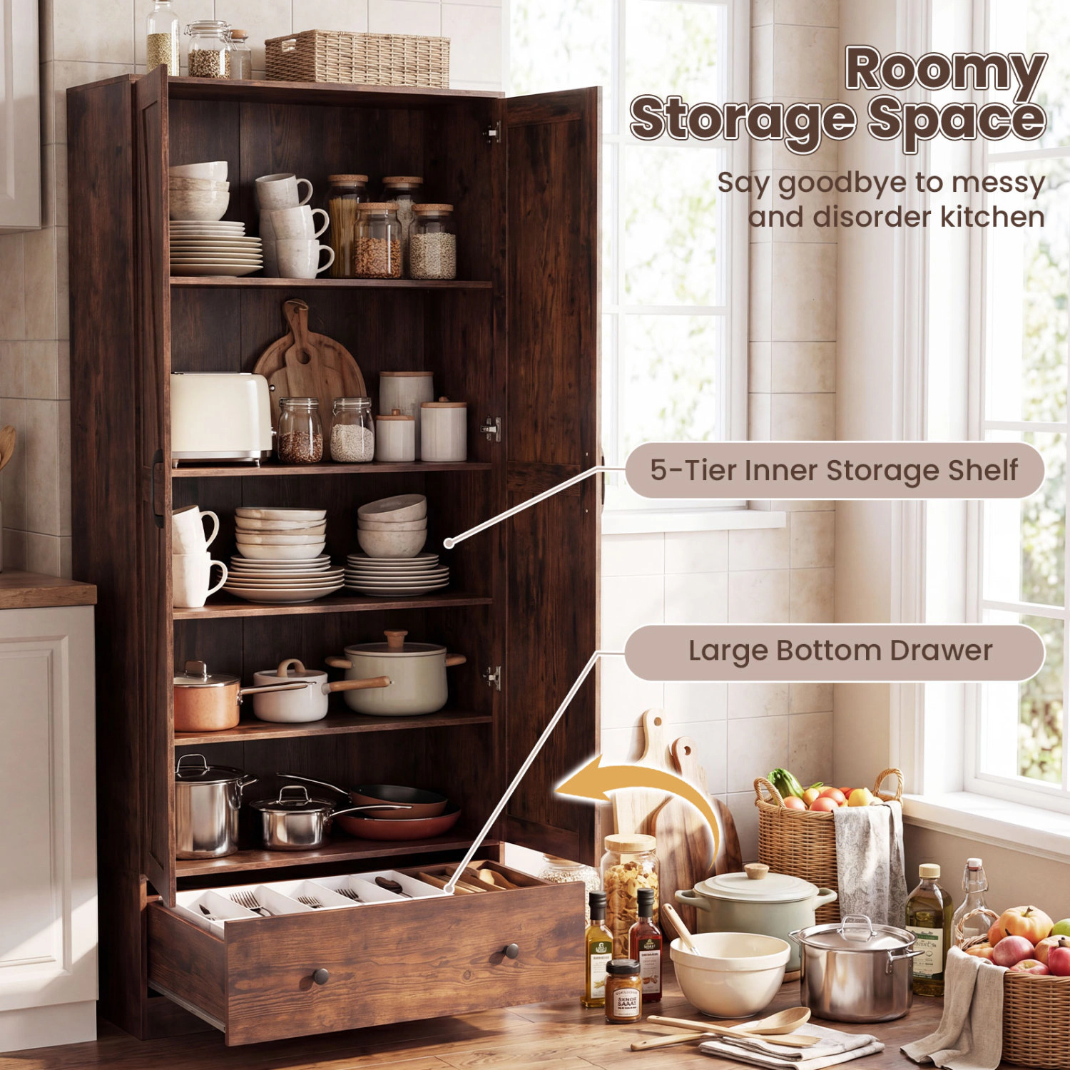 Glintex 72-Inch Farmhouse Pantry Cupboard with 5-Tier Shelves and Drawer