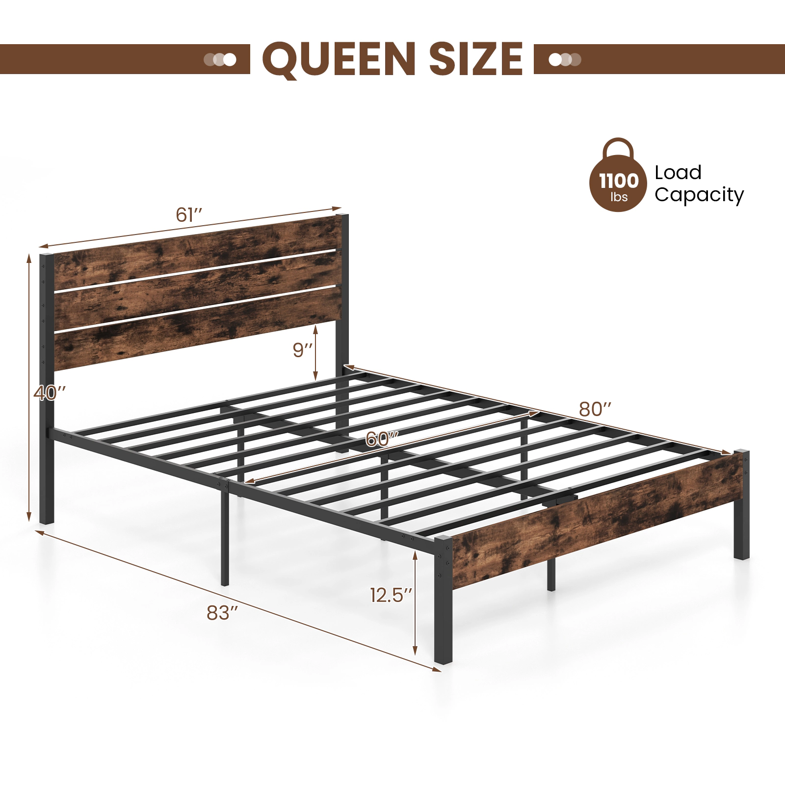 SUGIFT Queen Size 1100-lb Bed Capacity Metal Platform Bed Frame with Slatted Headboard and Mute Bar Rustic Brown