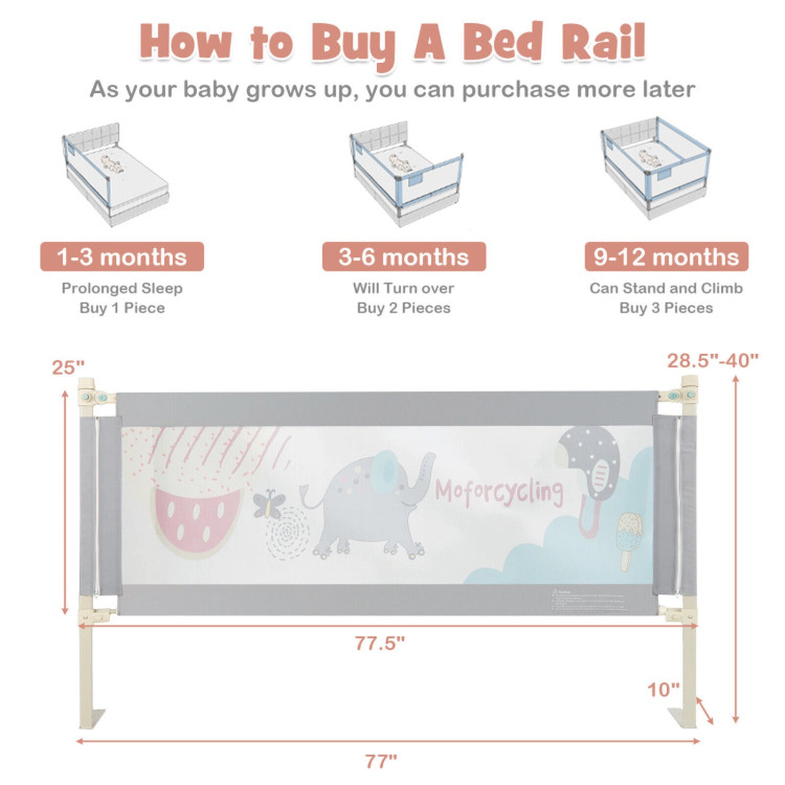 SUGIFT Toddler Vertical Lifting Double Lock 24 Adjustable Heights Mesh Baby Bed Rail 77-in x 10-in x 40-in Gray