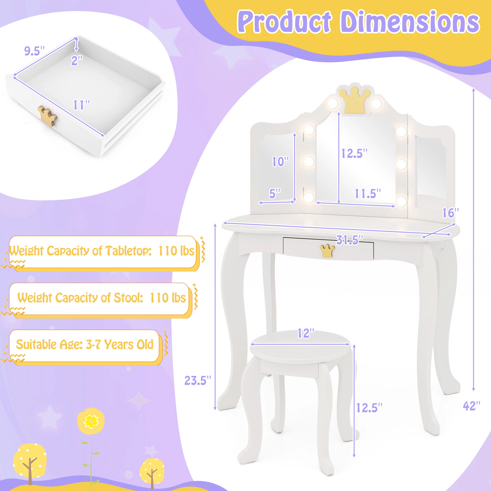 SUGIFT White Tri-Fold Lighted Mirror Detachable Top and Stool Kids Vanity Set