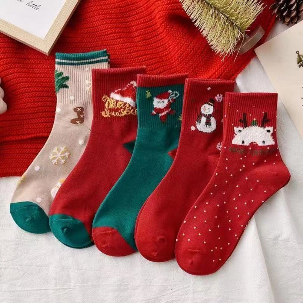 Wardrobe Whimsy 5 Pairs Christmas Crew Socks for Womens Cute Athletic Ankle Sock