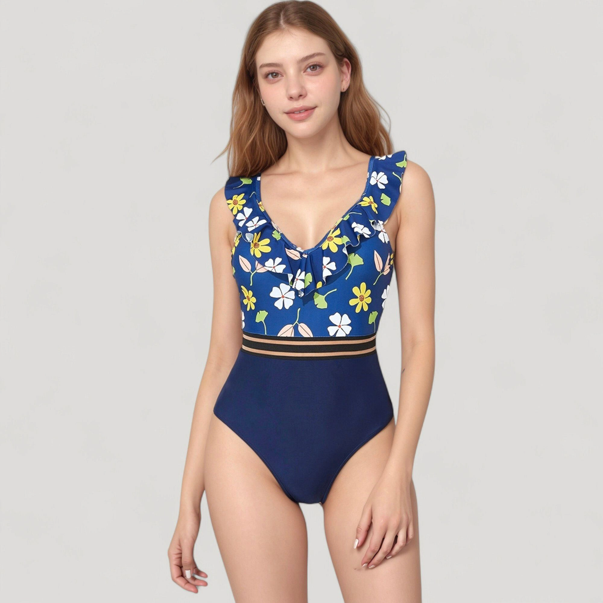 Anna-Kaci Ruffle One-Piece Swimsuit Floral Bodice with Striped Waistband