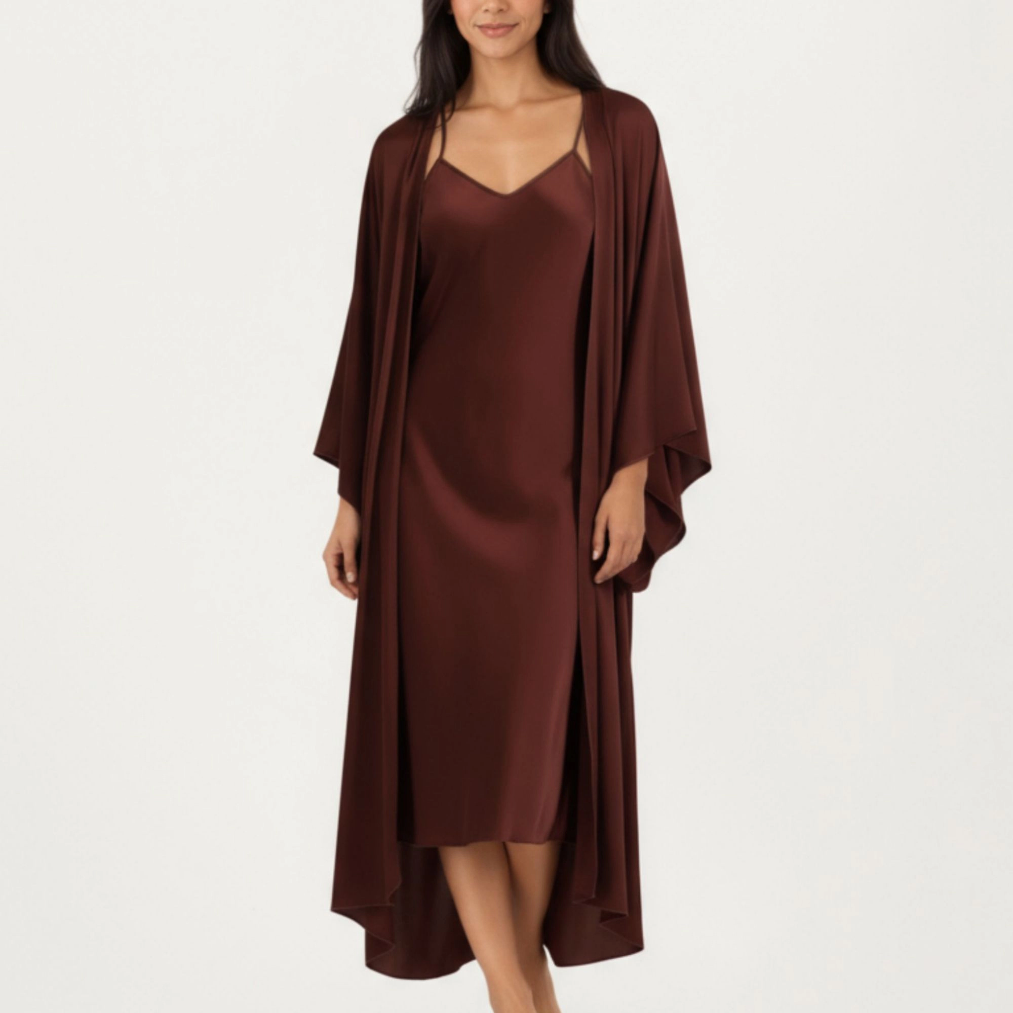 Anna-Kaci Women's 2-Piece Satin V-Neck Slip Dress with Matching Long Drape Robe