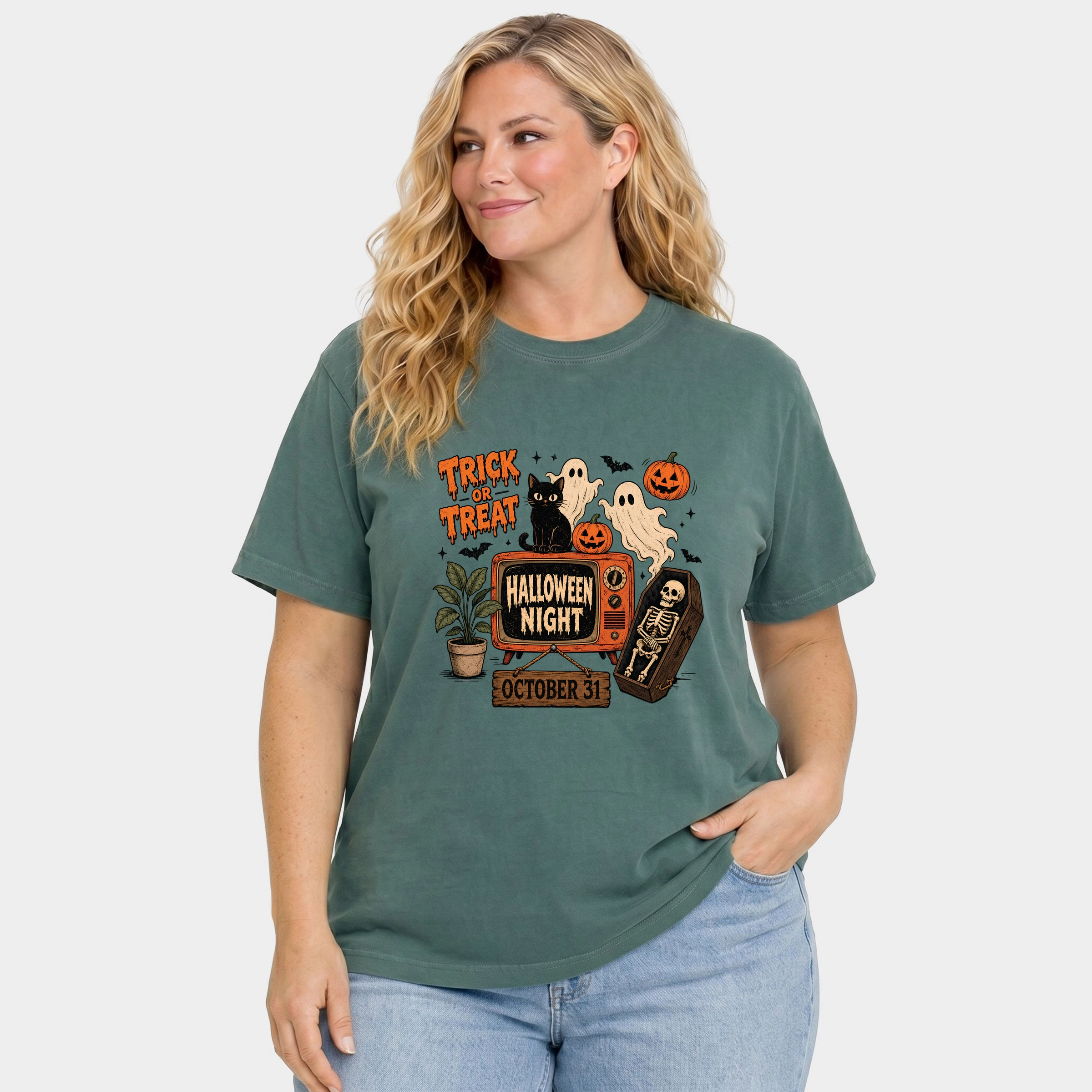 Simply Sage Market - Women's Plus Sized Garment Dyed Graphic T-Shirt Trick Or Treat TV