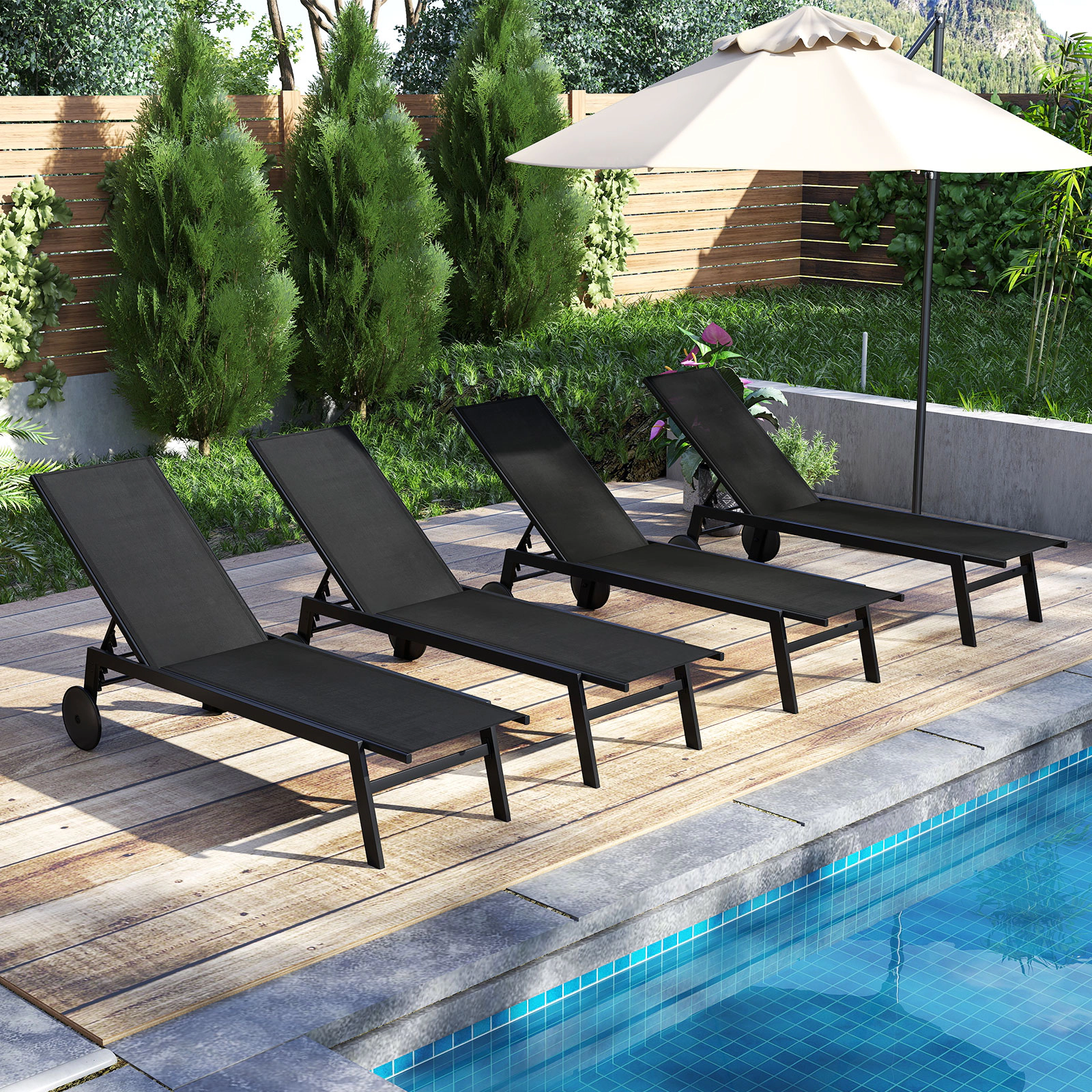SUGIFT Wheels 6-Level Backrest Quick-Dry Fabric 330-lb Black Patio Chaise Lounge Chair